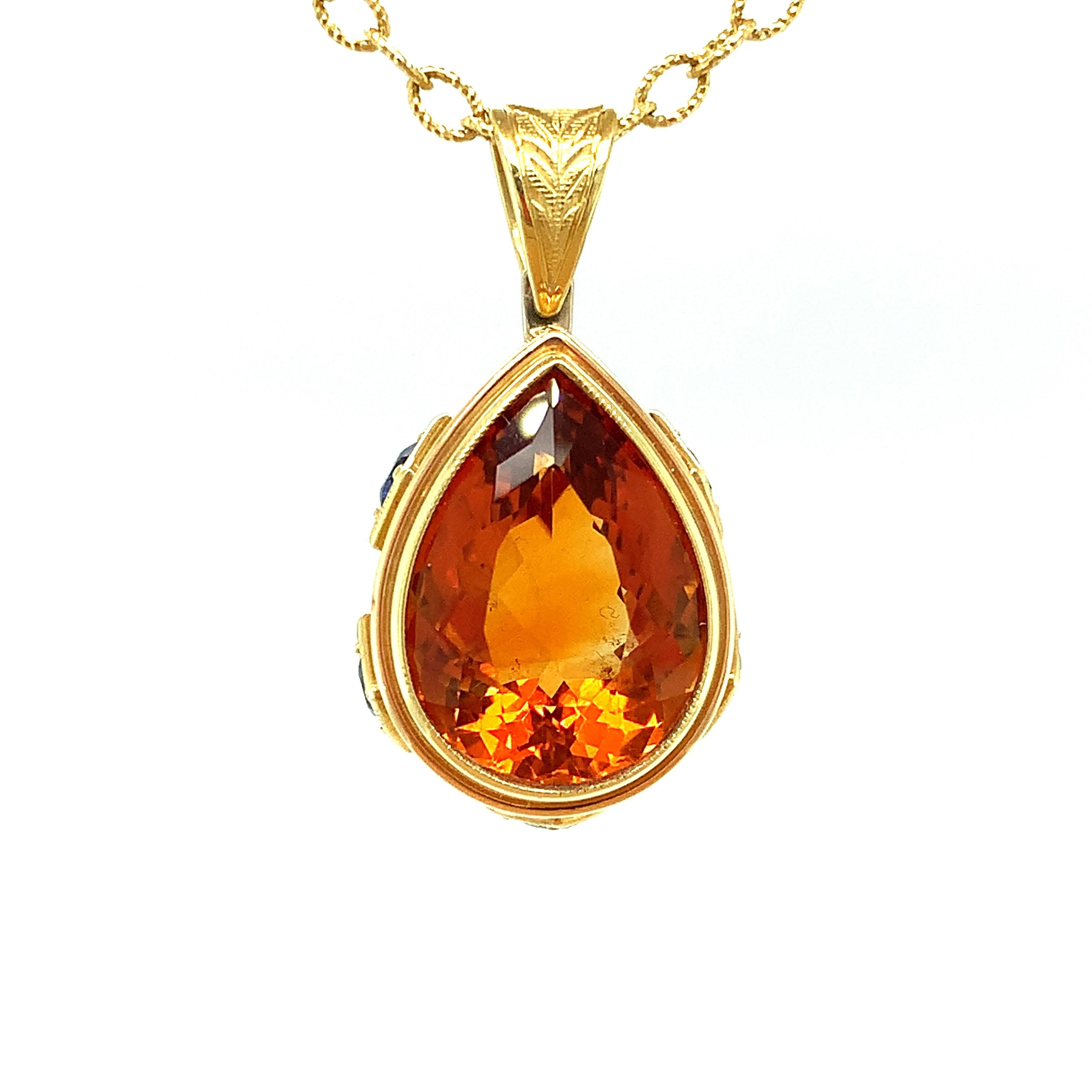 8.20 Carat Citrine Pear and Sapphire Pendant Necklace in 18k Yellow Gold For Sale 2