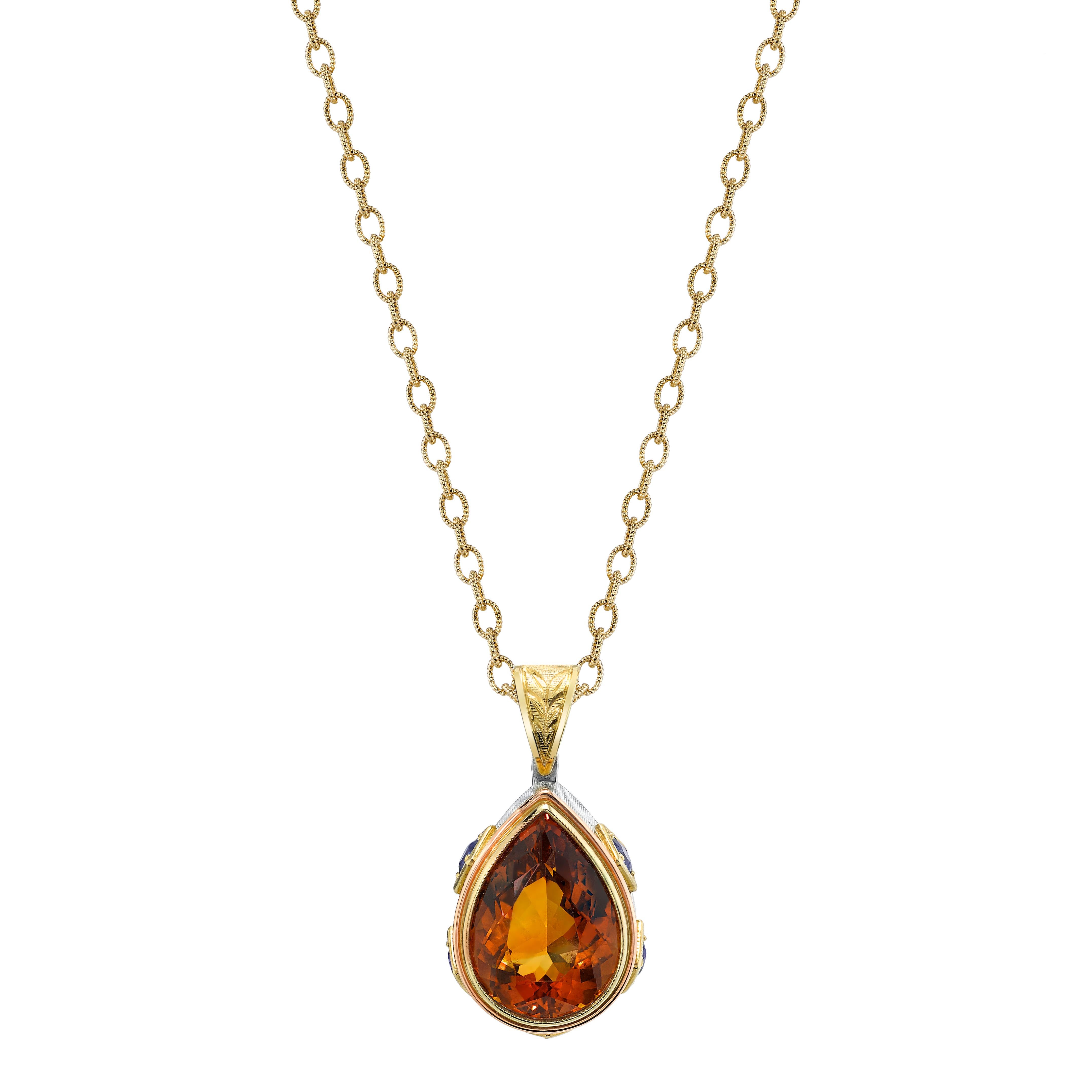 8.20 Carat Citrine Pear and Sapphire Pendant Necklace in 18k Yellow Gold For Sale 3