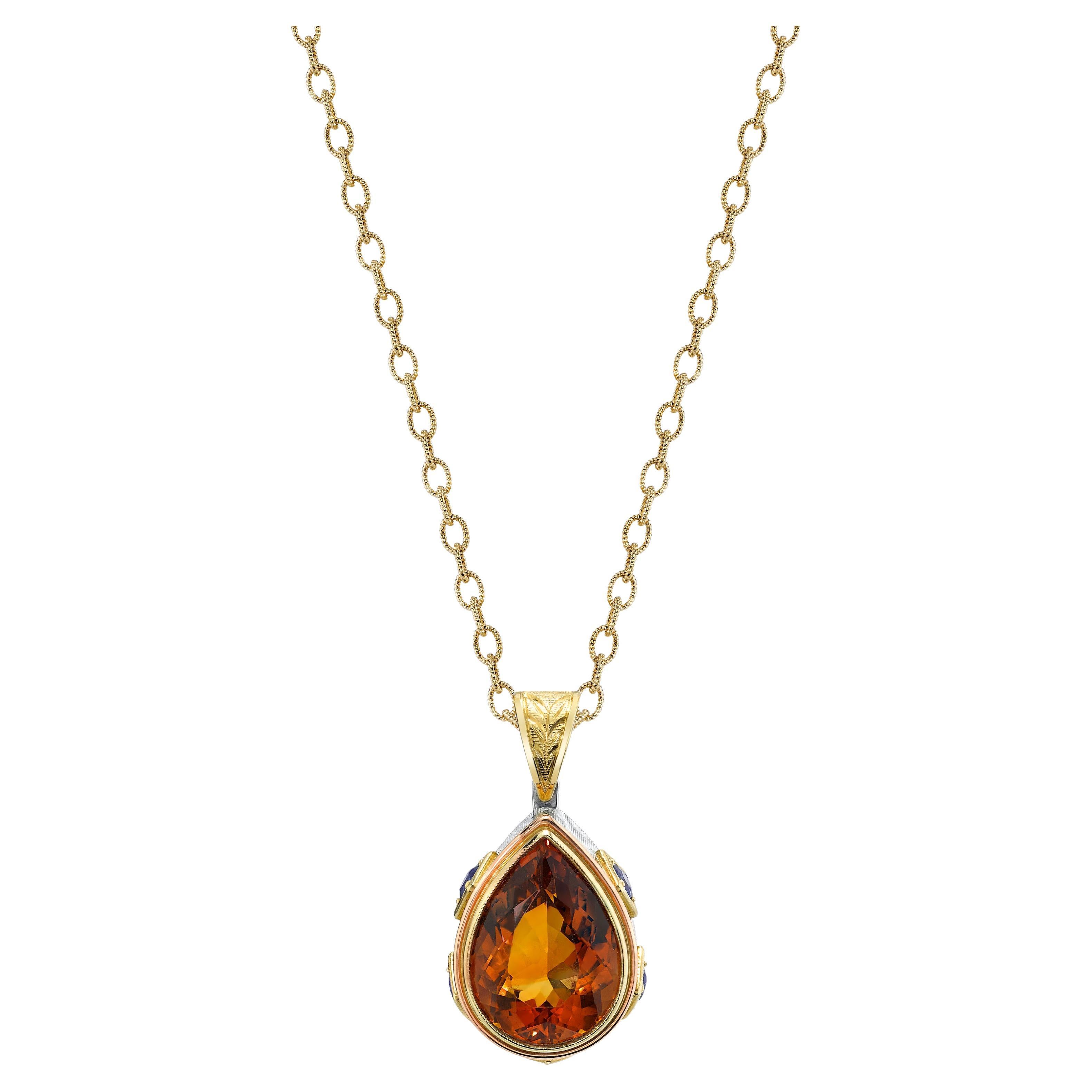 8.20 Carat Citrine Pear and Sapphire Pendant Necklace in 18k Yellow Gold For Sale