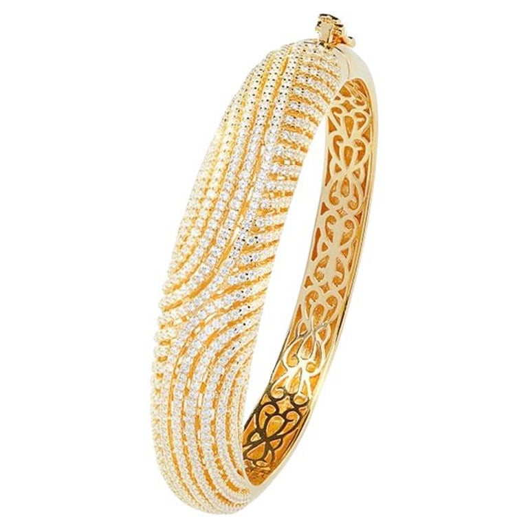 8.20 Carat Cubic Zirconia 14Kt Yellow Gold Fancy Art Deco Filigree Swirl Bangle