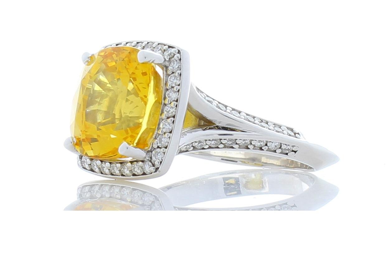 Contemporary 8.20 Carat Cushion Cut Yellow Sapphire & Diamond Cocktail ring In 18K White Gold