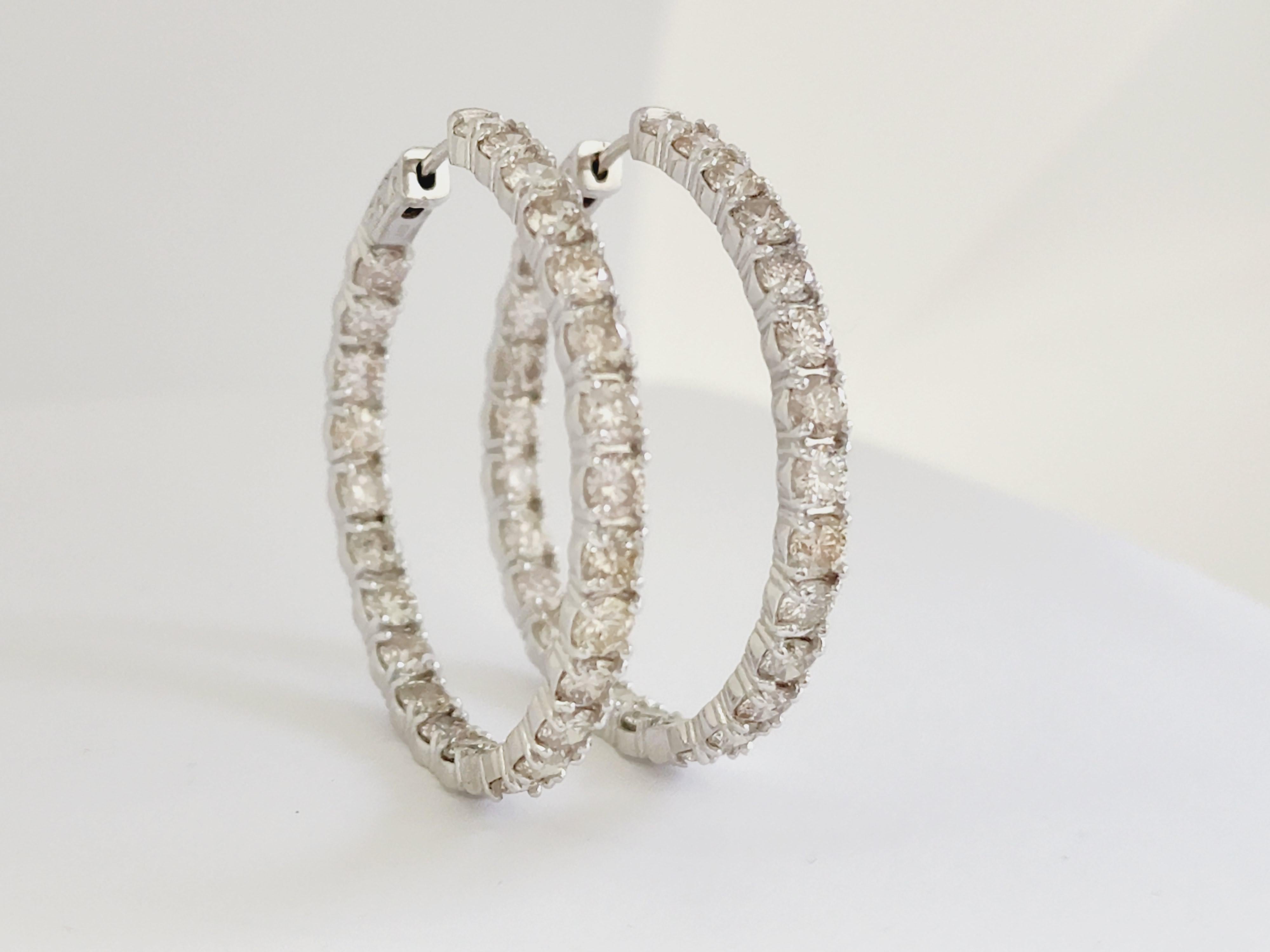 8.20 Carat Natural Diamond Round Hoop Earrings 14 Karat White Gold In New Condition In Great Neck, NY