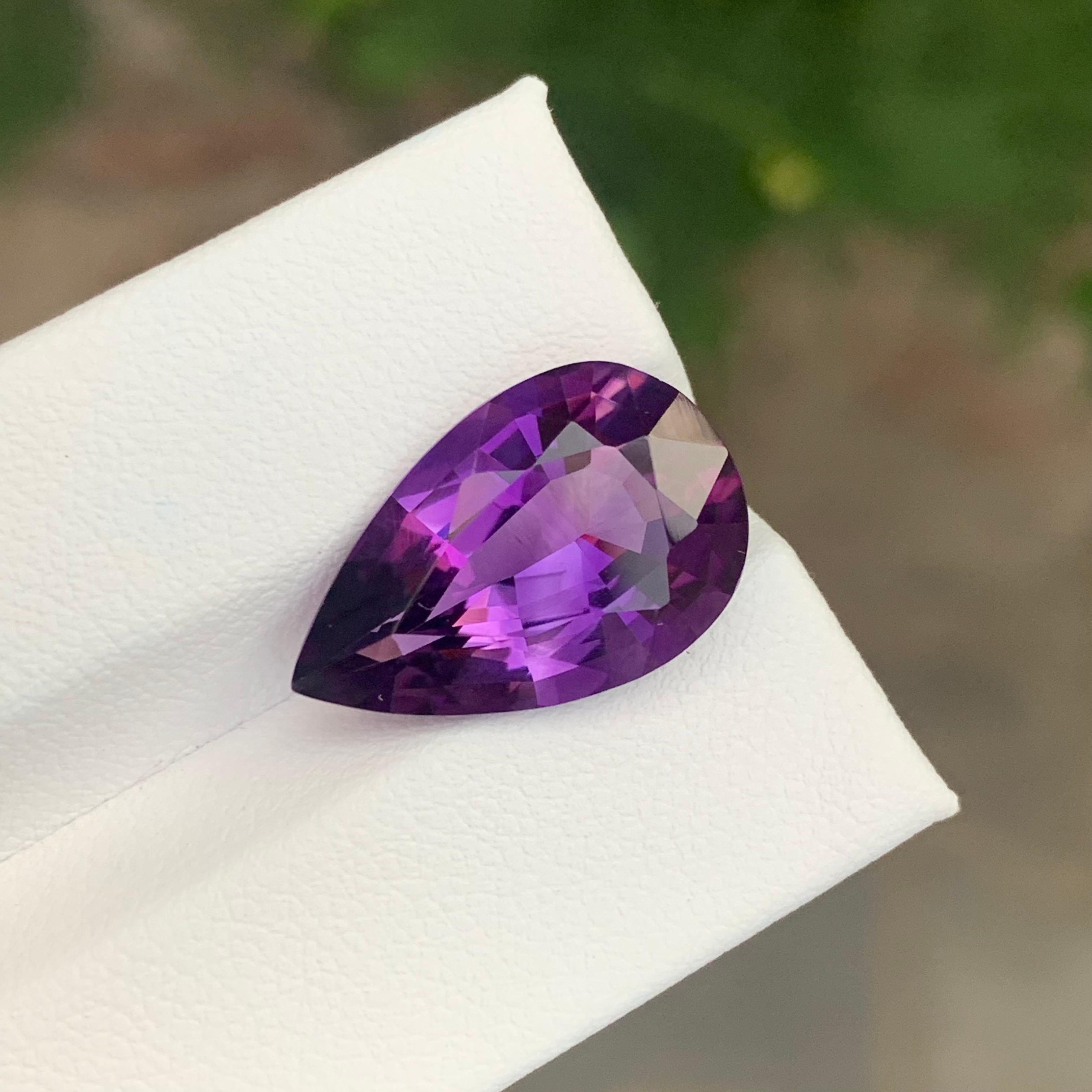 Stone: Amethyst

Weight : 8.20 Carats
Dimension: 19.2 x 12.3 x 7.8 Mm
Origin: Brazil
Shape: Pear 
Color: Purple
Treatment: Non
Certificate: On Customer Demand

Amethyst, a stunning violet variety of quartz, is known not only for its beauty but also