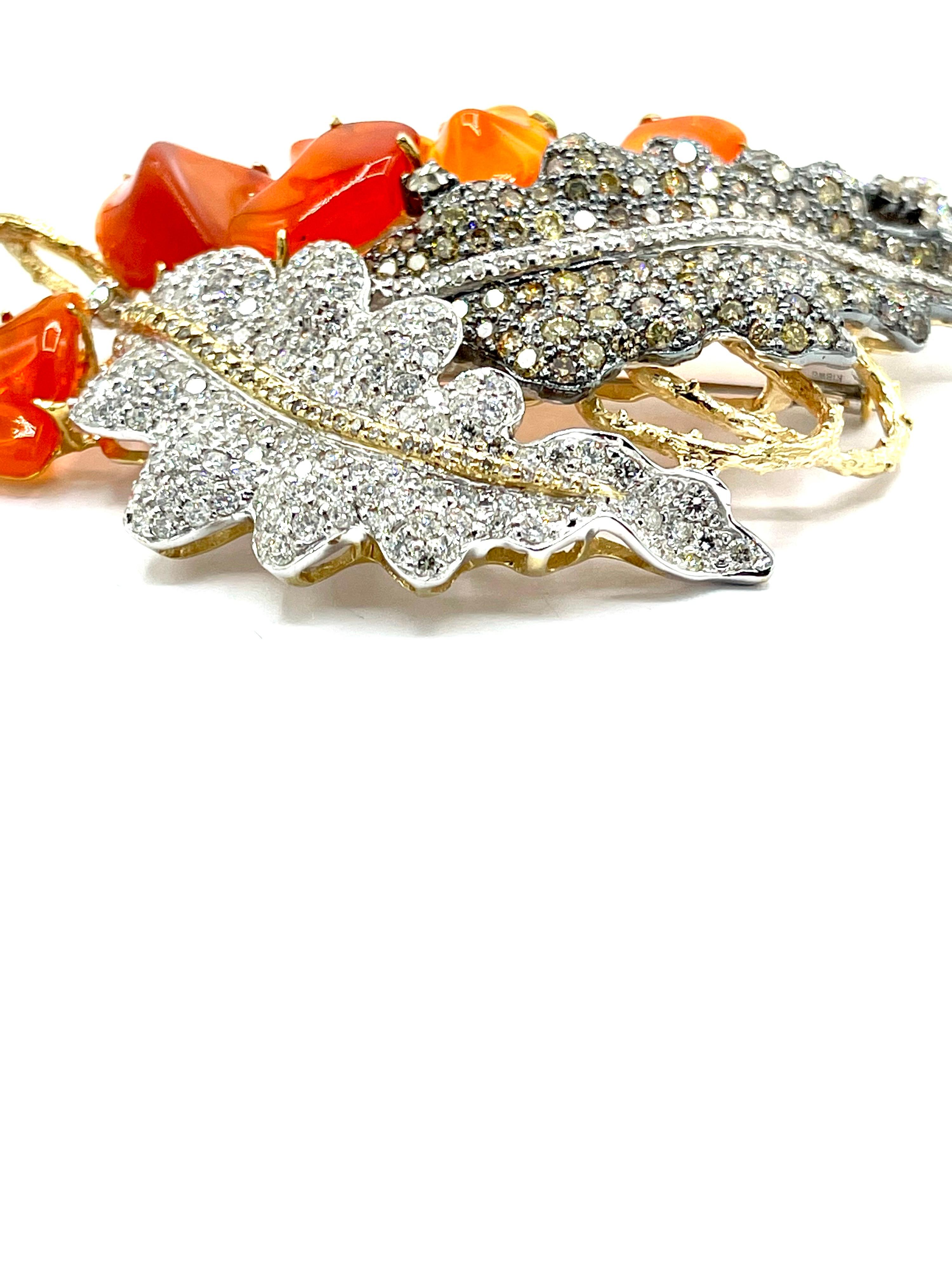 8.20 Carat Pave Diamond and Fire Opal 18 Karat Leaves Pendant Brooch For Sale 4