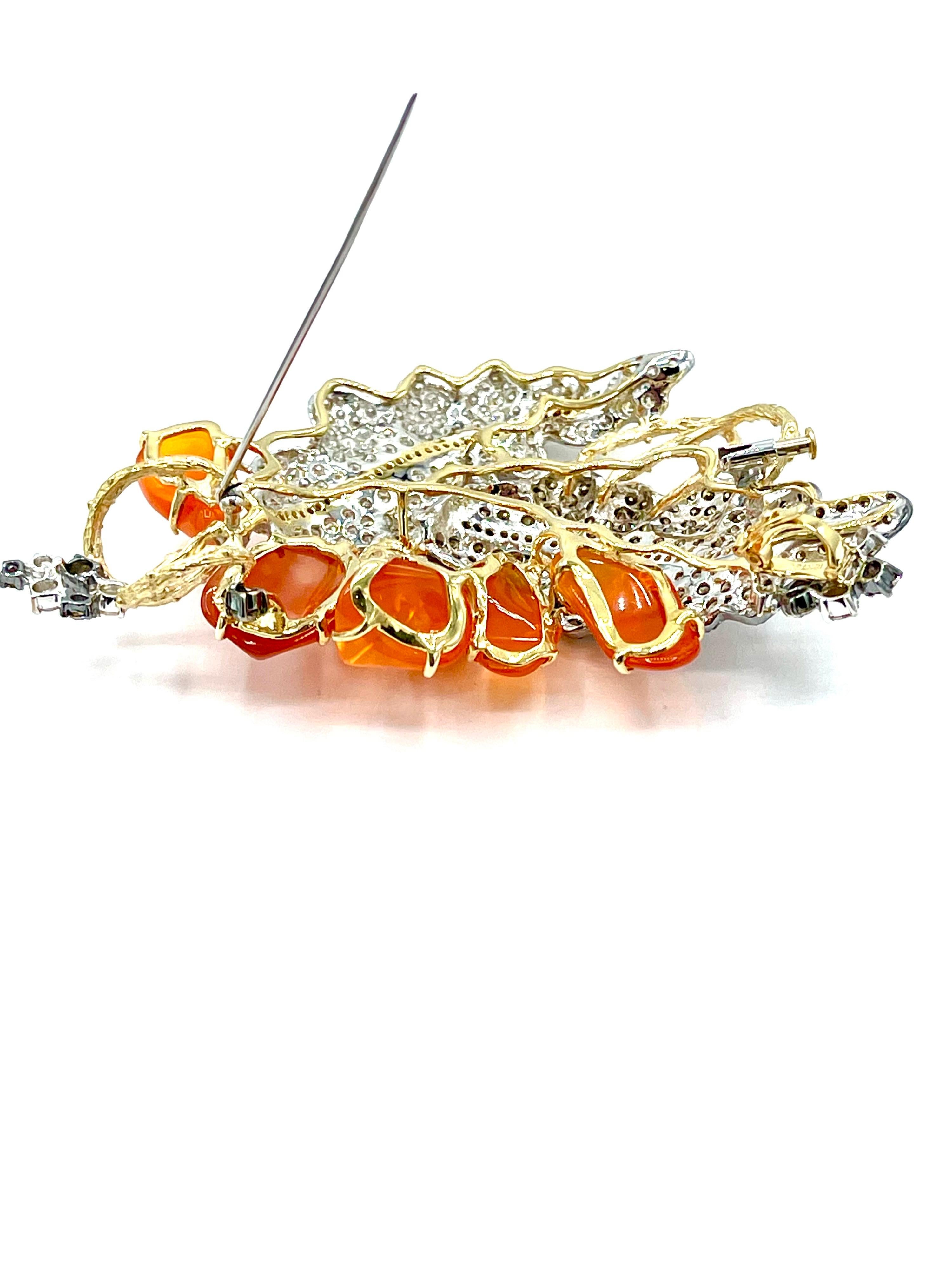 8.20 Carat Pave Diamond and Fire Opal 18 Karat Leaves Pendant Brooch In Excellent Condition For Sale In Chevy Chase, MD