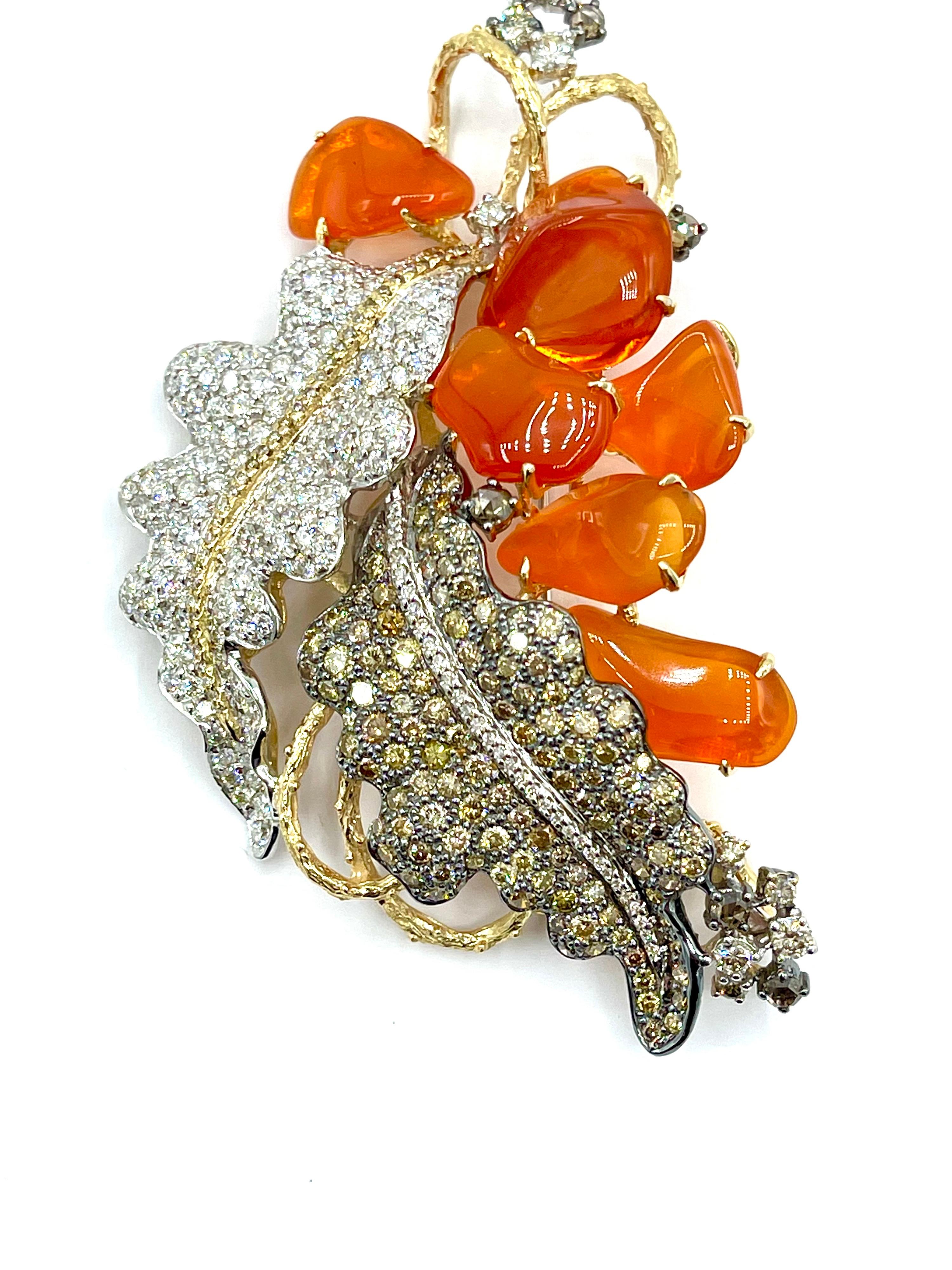 8.20 Carat Pave Diamond and Fire Opal 18 Karat Leaves Pendant Brooch For Sale 2