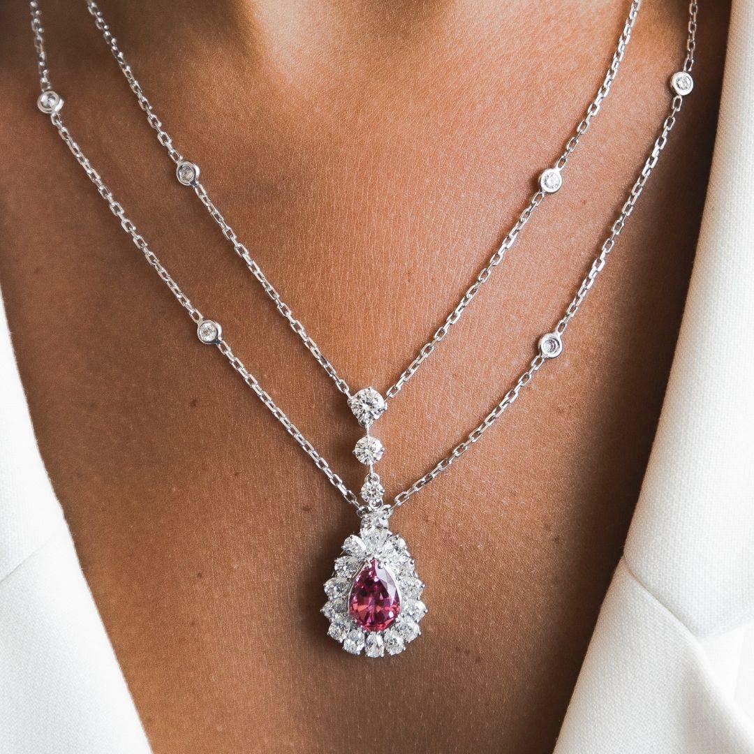 Victorian 8.20 Carat Rare Pink Spinel Gemstone and Diamonds Necklace in 18K White Gold For Sale
