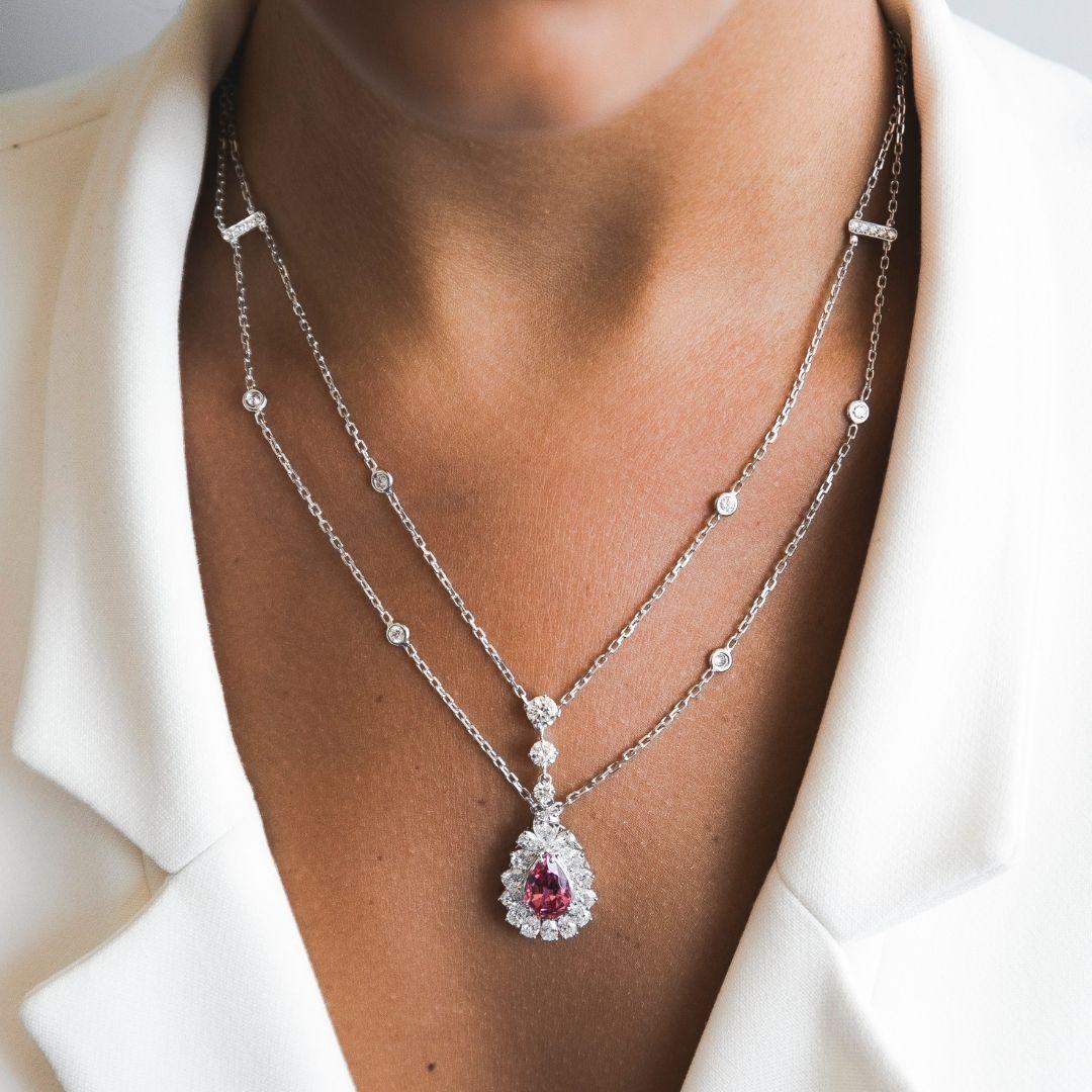 Pear Cut 8.20 Carat Rare Pink Spinel Gemstone and Diamonds Necklace in 18K White Gold For Sale