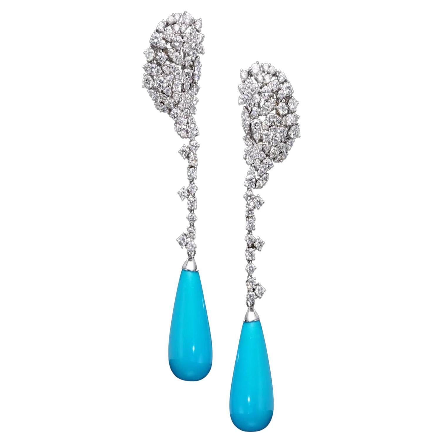 Boucles d'oreilles pendantes en turquoise de 8,20 carats et diamants naturels de 4,36 carats
