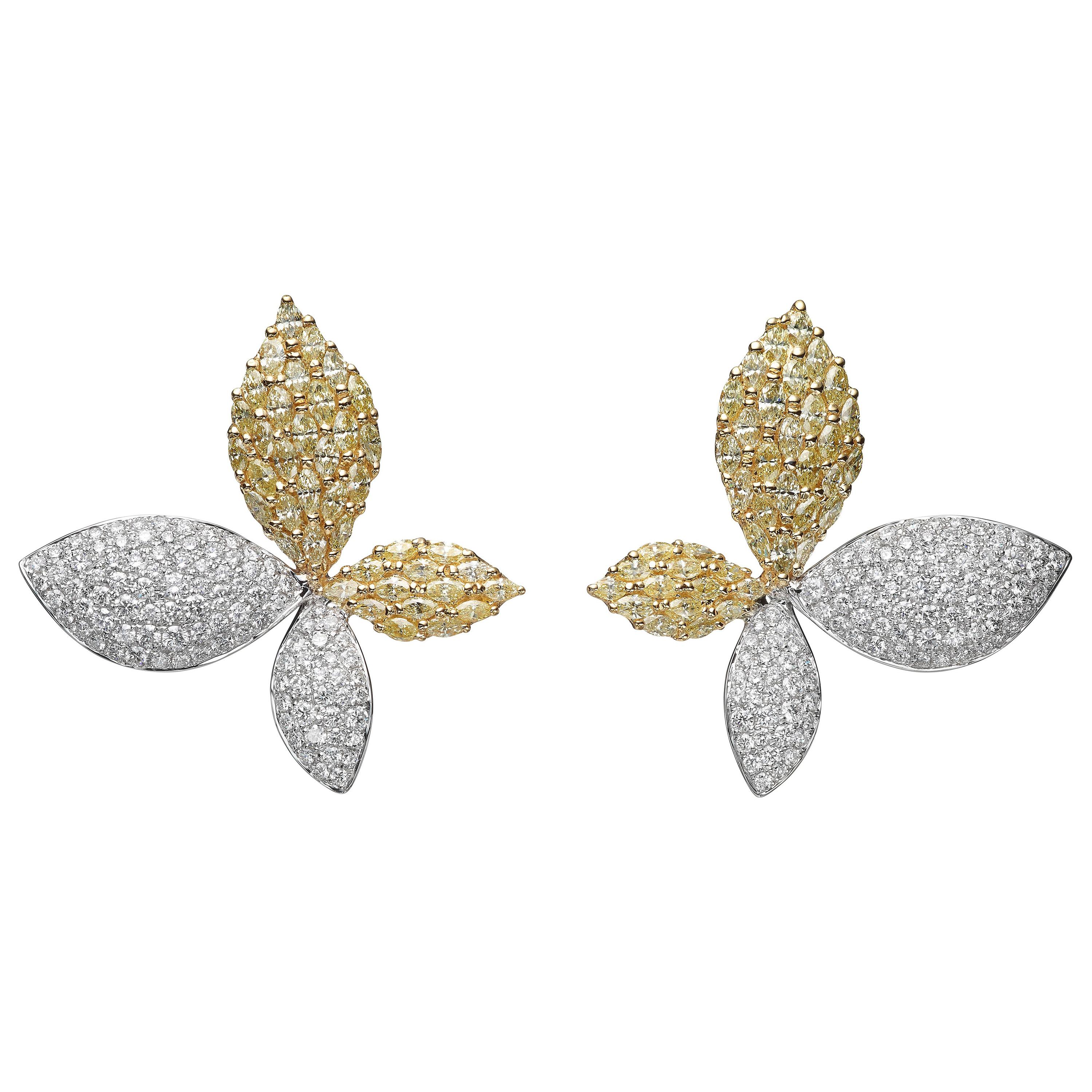 8.20 Carat White and Yellow Diamond 18 Karat Gold Leaf Stud Earrings