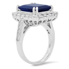 14 Karat massiver Weißgold-Ring mit 8,20 Karat natürlichem blauen Saphir und Diamant