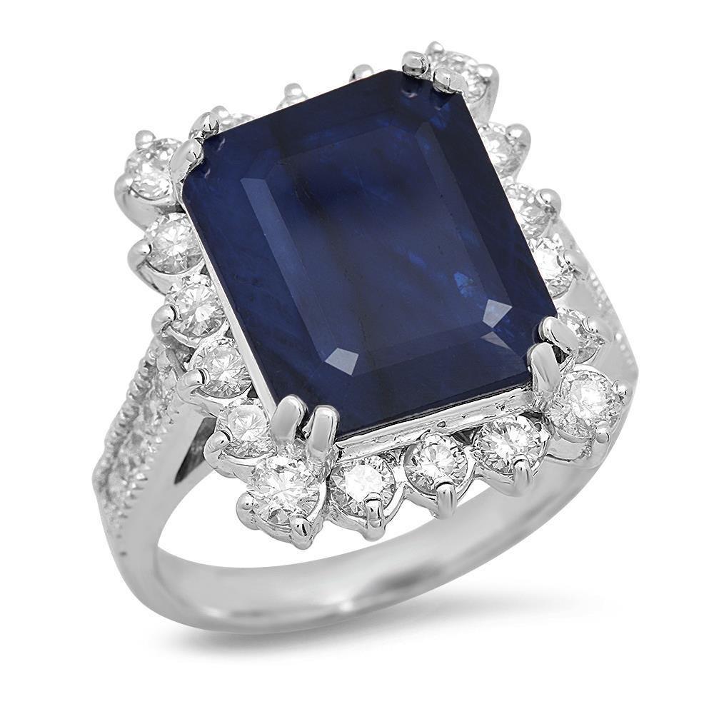 14 Karat massiver Weißgold-Ring mit 8,20 Karat natürlichem blauen Saphir und Diamant (Gemischter Schliff) im Angebot