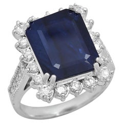 14 Karat massiver Weißgold-Ring mit 8,20 Karat natürlichem blauen Saphir und Diamant