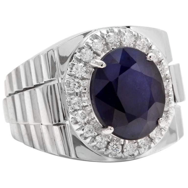 8.20 Carat Natural Diamond and Blue Sapphire 14 Karat Solid Gold Men's Ring For Sale
