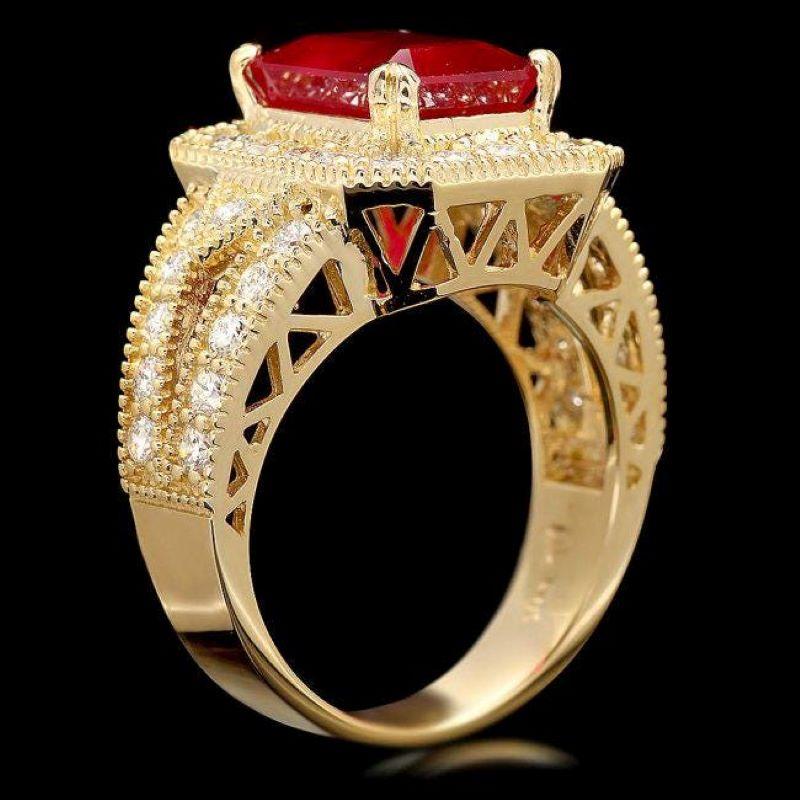 8.20 Carats Natural Red Ruby and Diamond 14K Solid Yellow Gold Ring

Total Red Ruby Weight is: Approx. 7.00 Carats

Natural Red Ruby Measures: Approx. 11.00 x 9.00mm

Ruby treatment: Fracture Filling

Natural Round Diamonds Weight: Approx. 1.20
