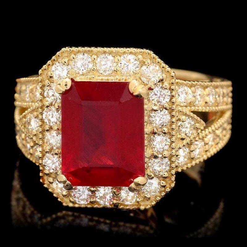 Mixed Cut 8.20 Carats Natural Red Ruby and Diamond 14K Solid Yellow Gold Ring For Sale