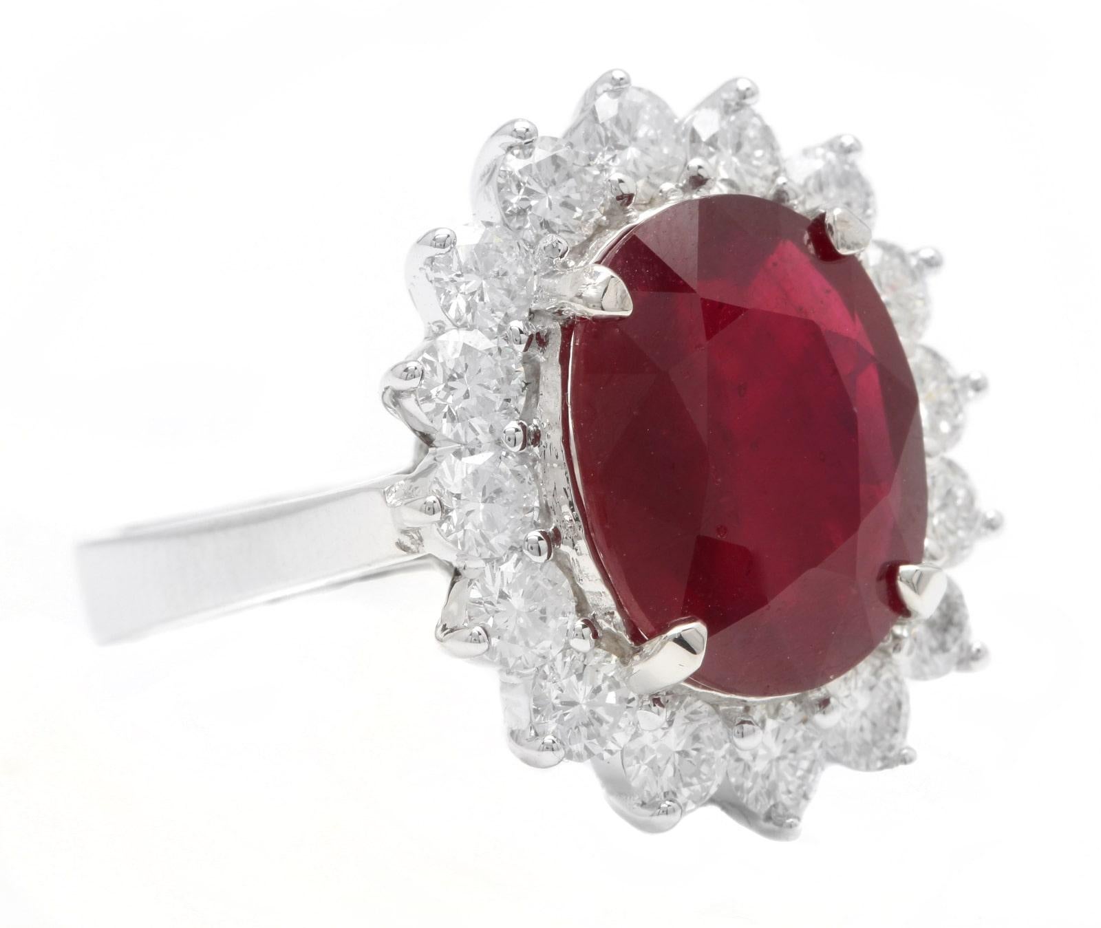 8.20 Carats Impressive Natural Red Ruby and Diamond 14K White Gold Ring

Suggested Replacement Value: $6,000.00

Total Red Ruby Weight is: Approx. 6.50 Carats (Lead Glass Filled)

Ruby Measures: Approx. 13.00 x 10.00mm

Natural Round Diamonds