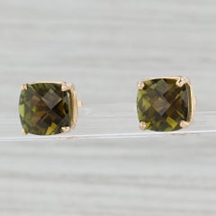 8.20ctw Green Tourmaline Stud Ears 14k Yellow Gold Cushion Solitaire Studs