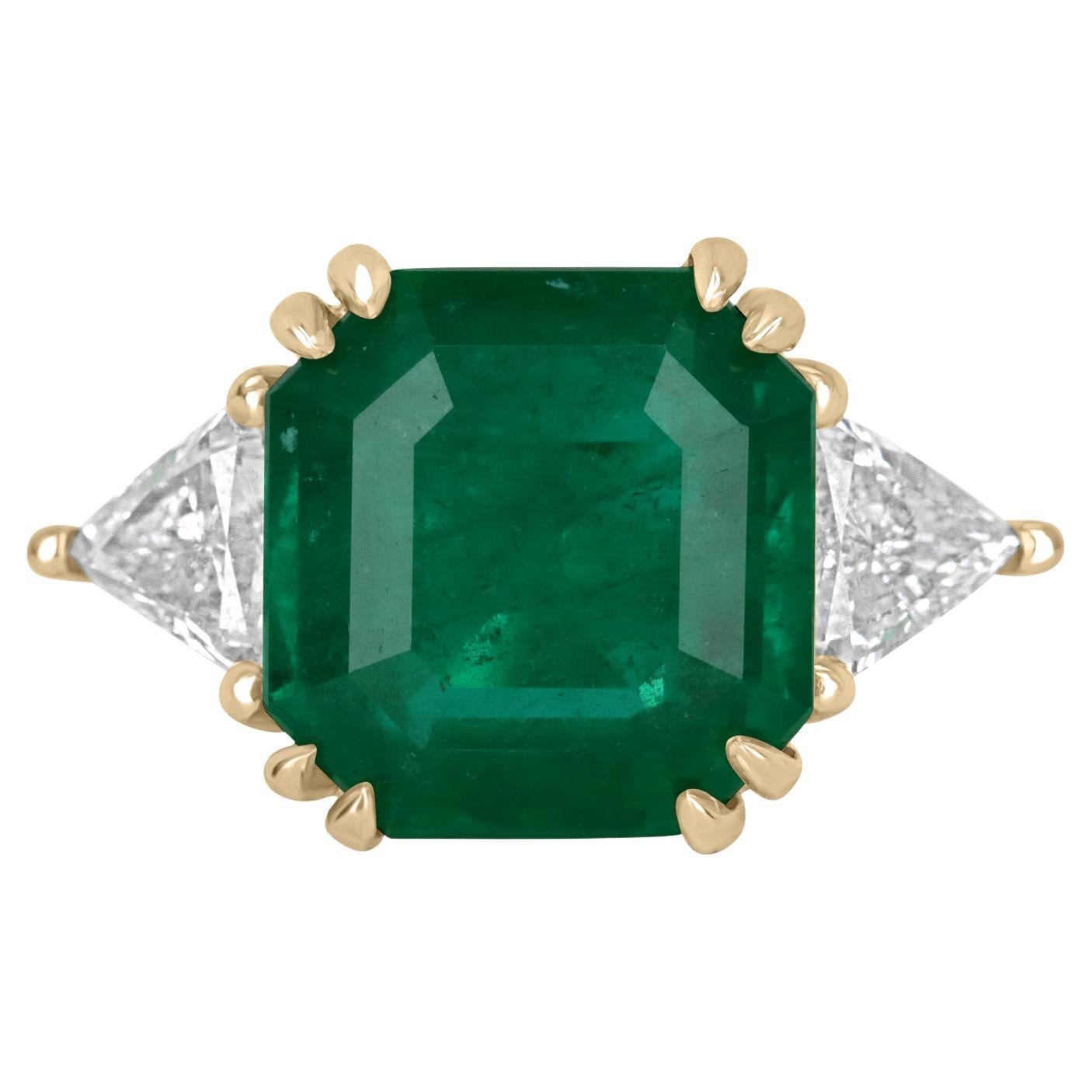 8.20tcw 18K Three Stone Colombian Emerald Cut & Trillion Diamond Ring