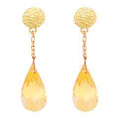8.21 Carat Pear Shape Briolette Cut Citrine Drop Earrings 14K Yellow Gold