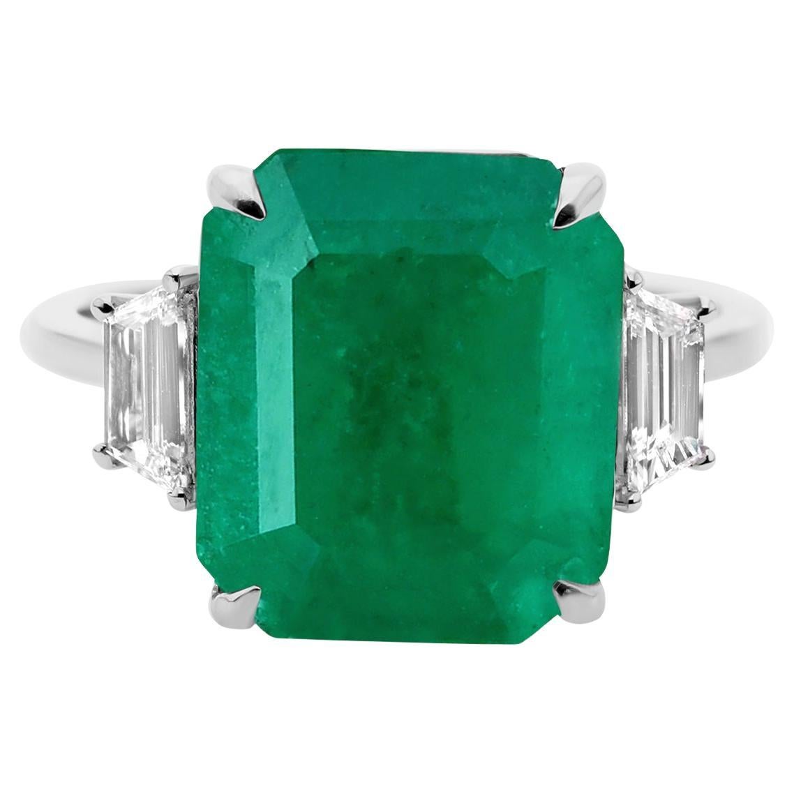 8.21 TCW Emerald Cut Emerald Diamond Accents 14K White Gold Ring