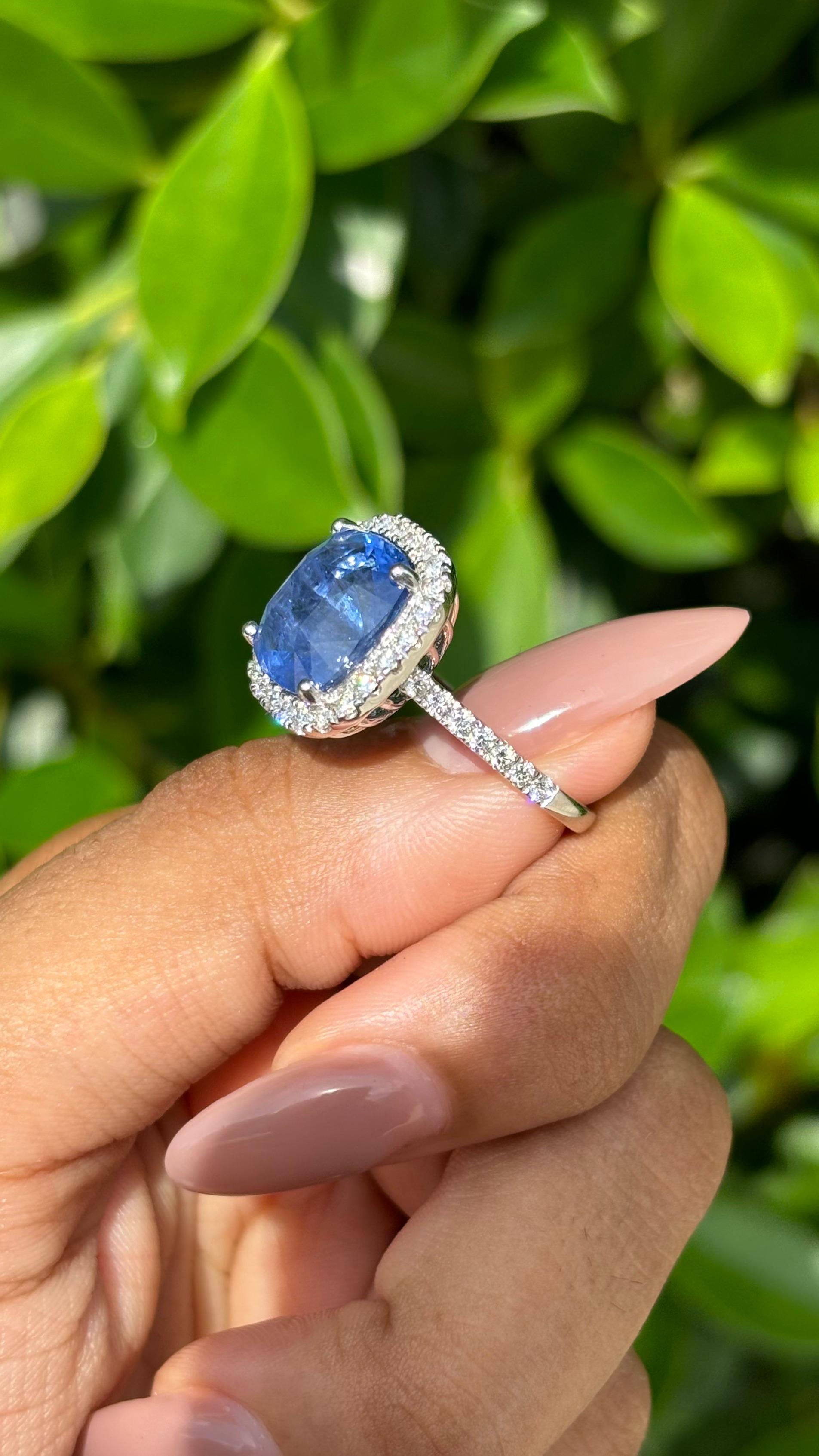 Taille coussin Bague en or blanc 18 carats, saphir coussin 8,22 carats et diamants en halo en vente