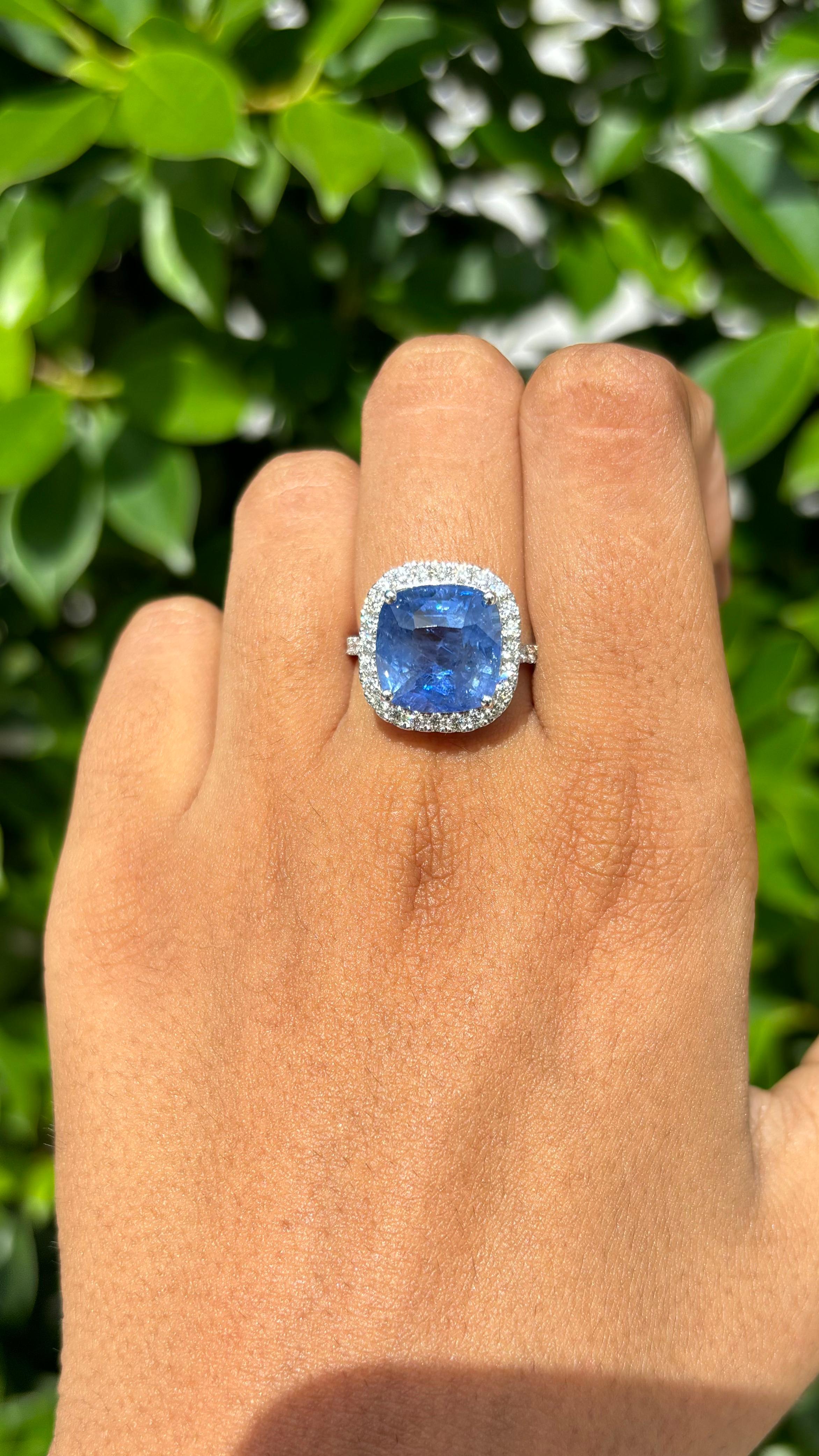 Bague en or blanc 18 carats, saphir coussin 8,22 carats et diamants en halo en vente 1