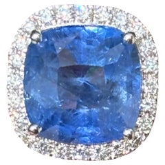 8.22 Carat cushion Sapphire & Halo Diamonds studded Ring in 18K White Gold