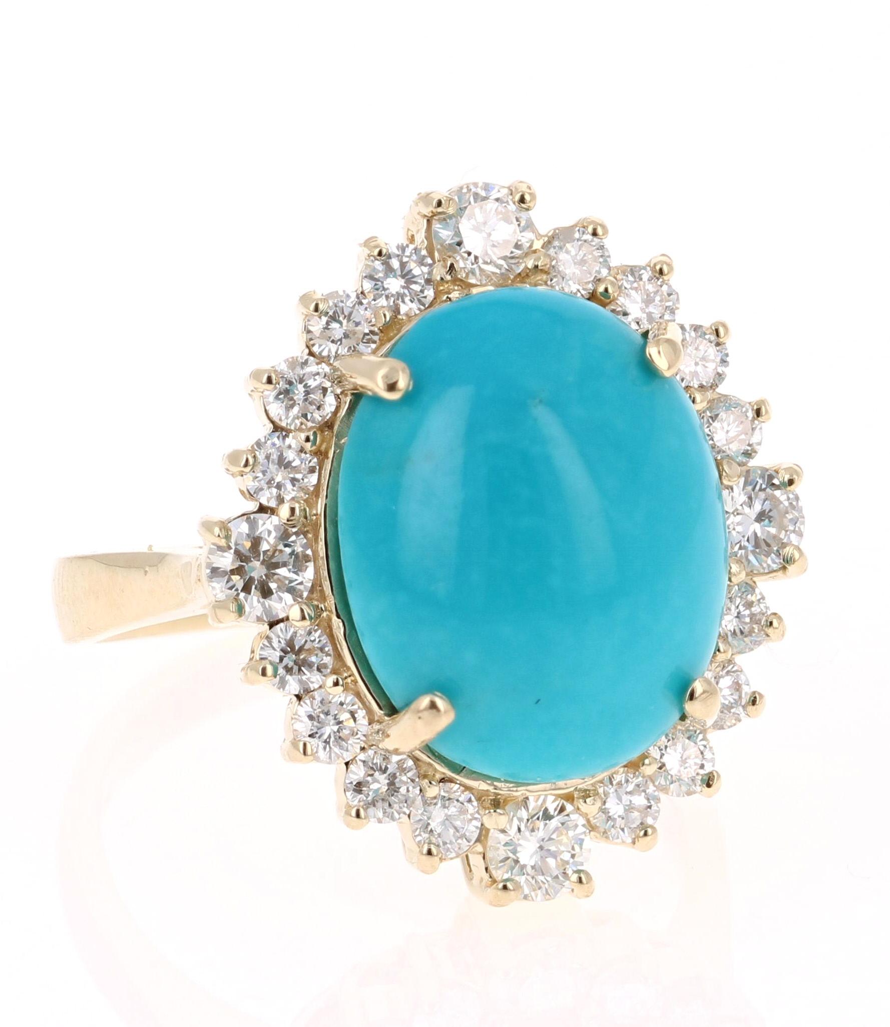 This gorgeous cocktail ring has a beautiful Oval Cut Turquoise that weighs 7.14 carats and 20 Round Cut Diamonds that weigh 1.08 carats. The clarity and color of the Diamonds are SI2-F.  The total carat weight of the ring is 8.22 carats. 

It is