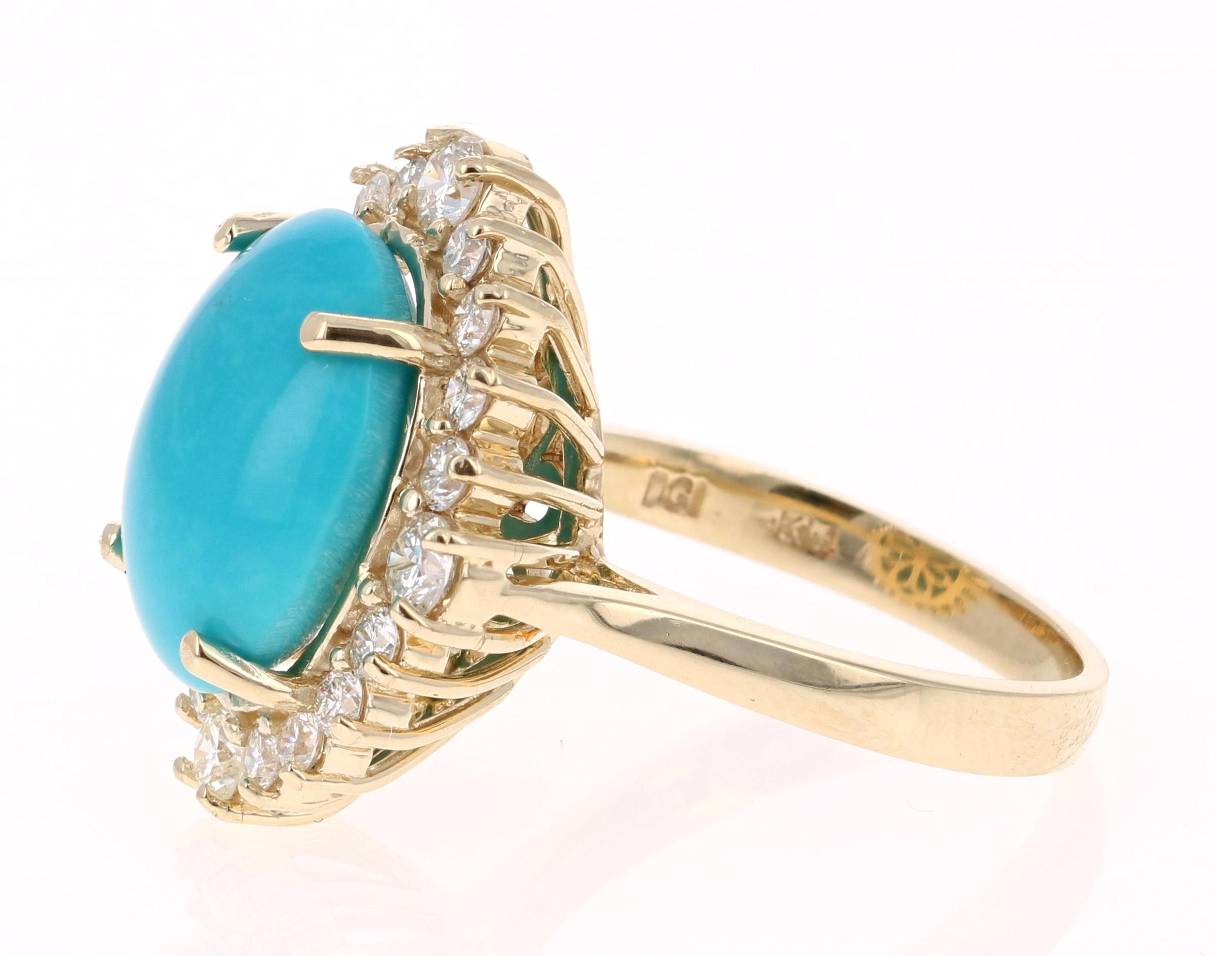 Modern 8.22 Carat Oval Cut Turquoise Diamond 14 Karat Yellow Gold Ring