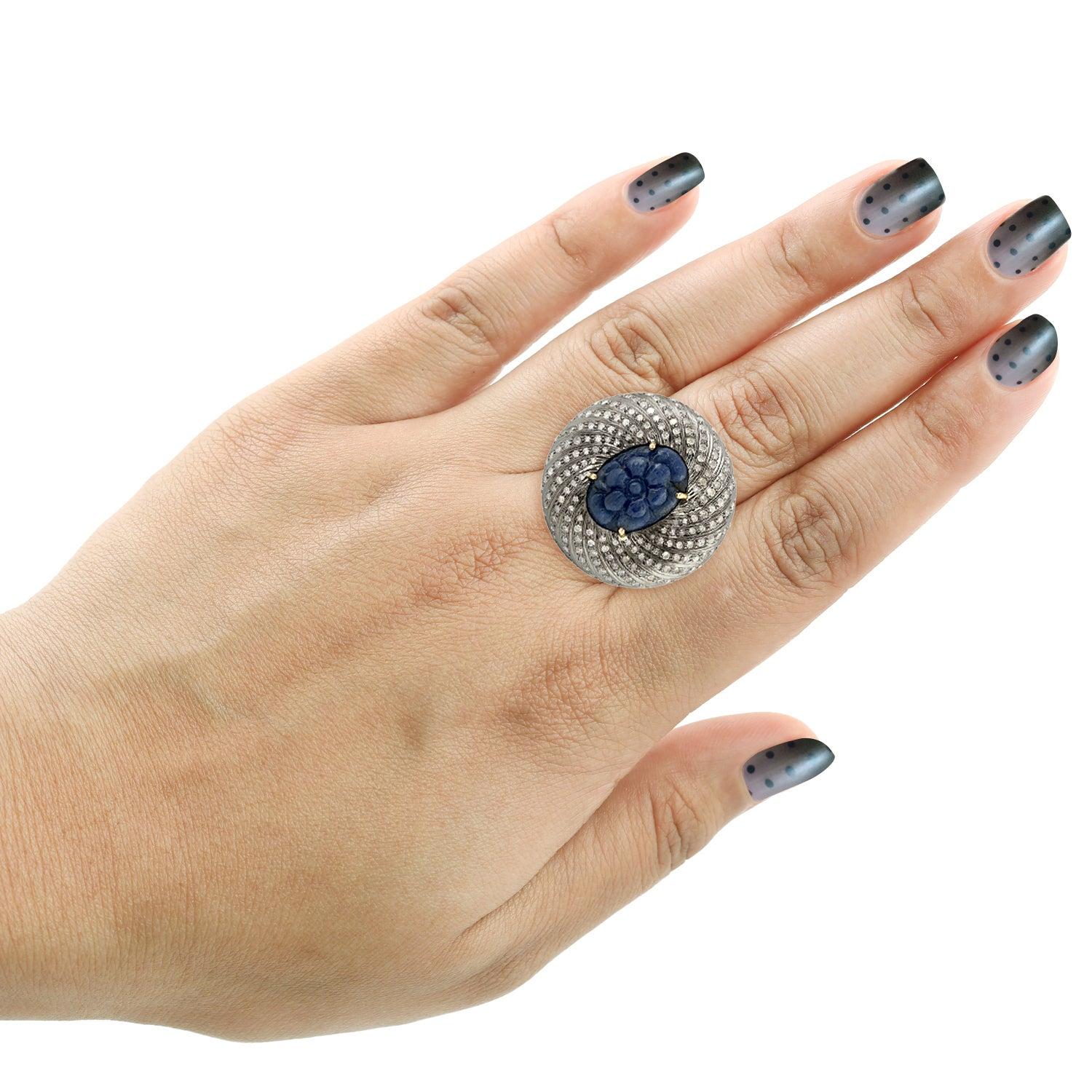 For Sale:  8.22 Carved Blue Sapphire Diamond Ring 2