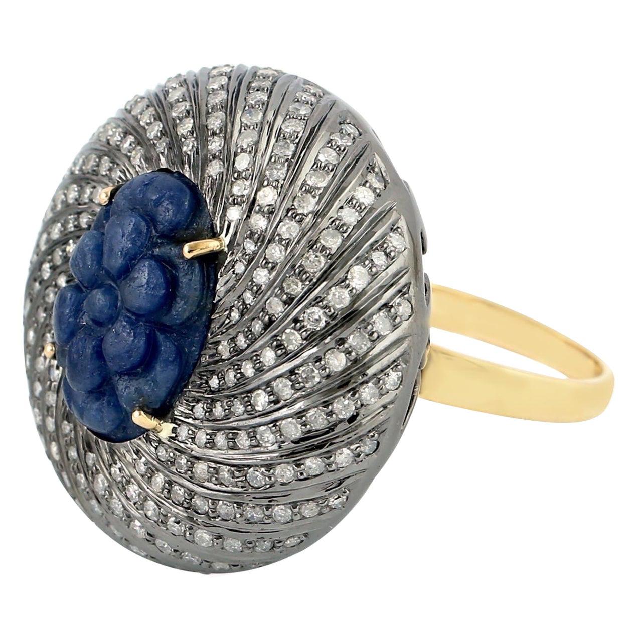 8.22 Carved Blue Sapphire Diamond Ring