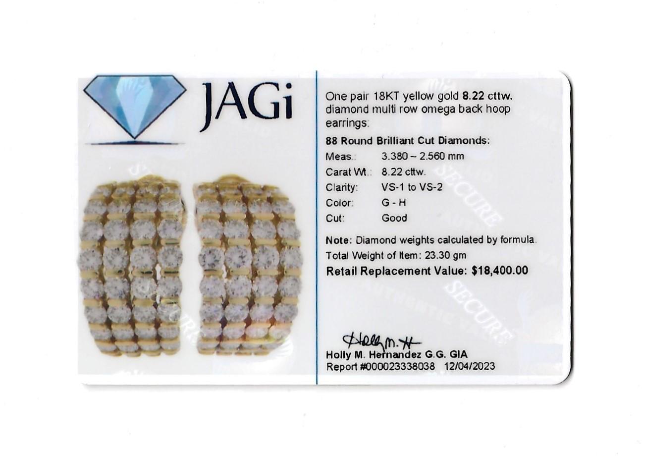 8.22 Carat Total Multi-Row Diamond Half Hoop Earrings in 18 Karat Yellow Gold For Sale 2