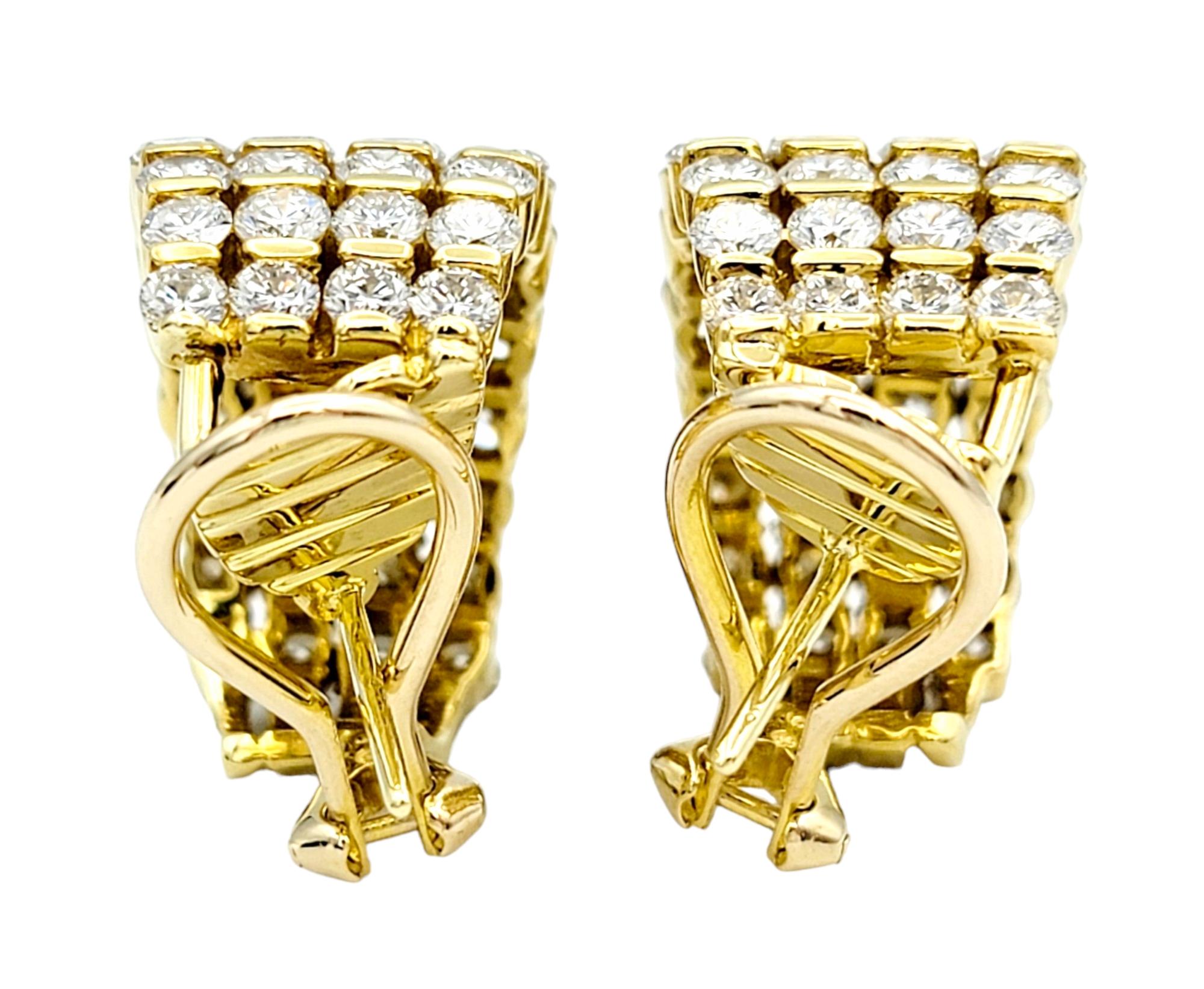 Contemporary 8.22 Carat Total Multi-Row Diamond Half Hoop Earrings in 18 Karat Yellow Gold For Sale