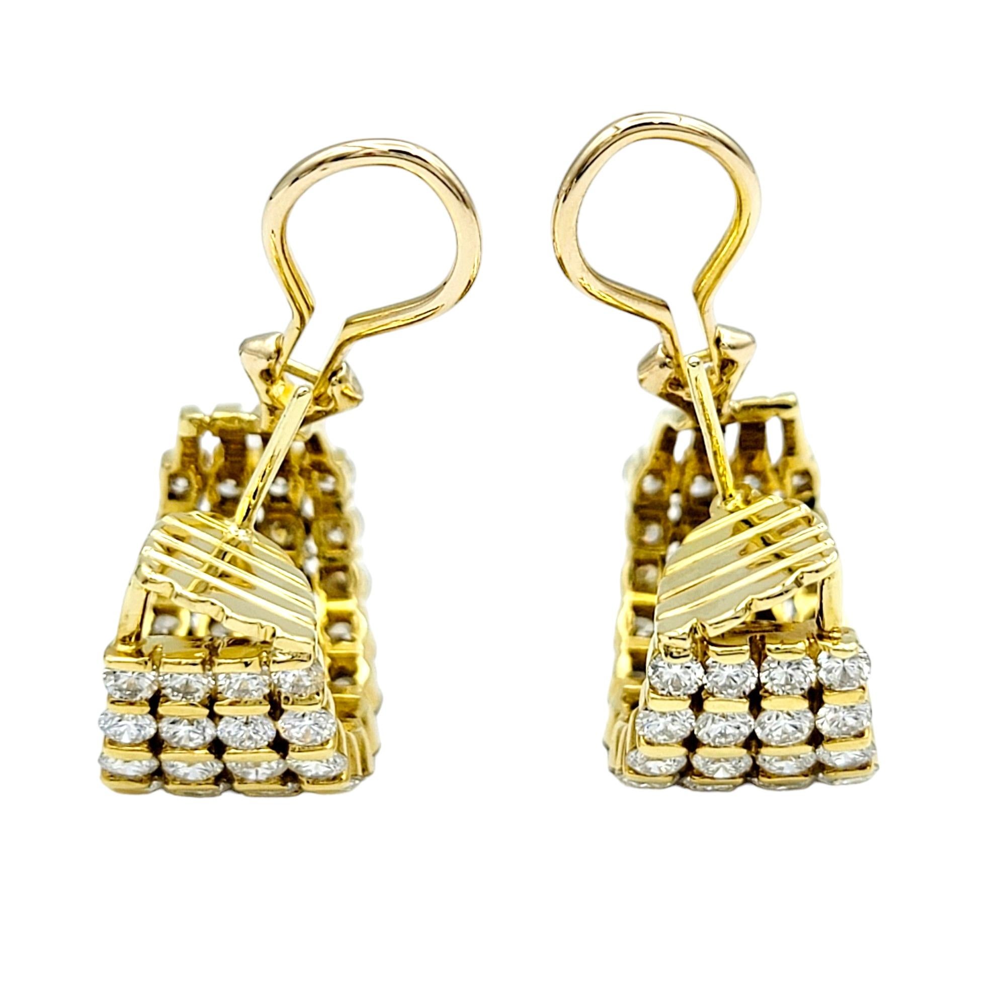 Round Cut 8.22 Carat Total Multi-Row Diamond Half Hoop Earrings in 18 Karat Yellow Gold For Sale
