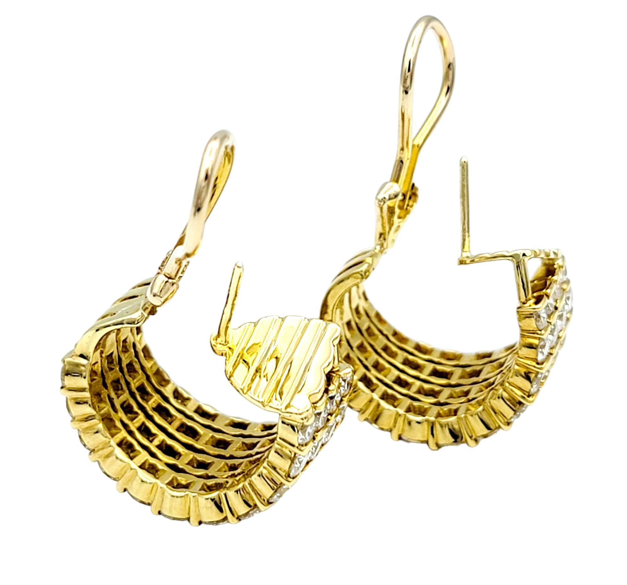 8.22 Carat Total Multi-Row Diamond Half Hoop Earrings in 18 Karat Yellow Gold In Good Condition For Sale In Scottsdale, AZ