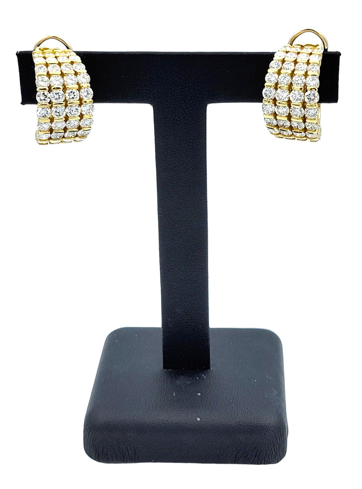 Women's 8.22 Carat Total Multi-Row Diamond Half Hoop Earrings in 18 Karat Yellow Gold For Sale
