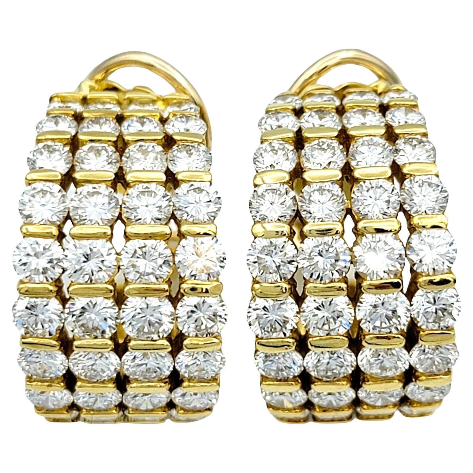 8.22 Carat Total Multi-Row Diamond Half Hoop Earrings in 18 Karat Yellow Gold For Sale