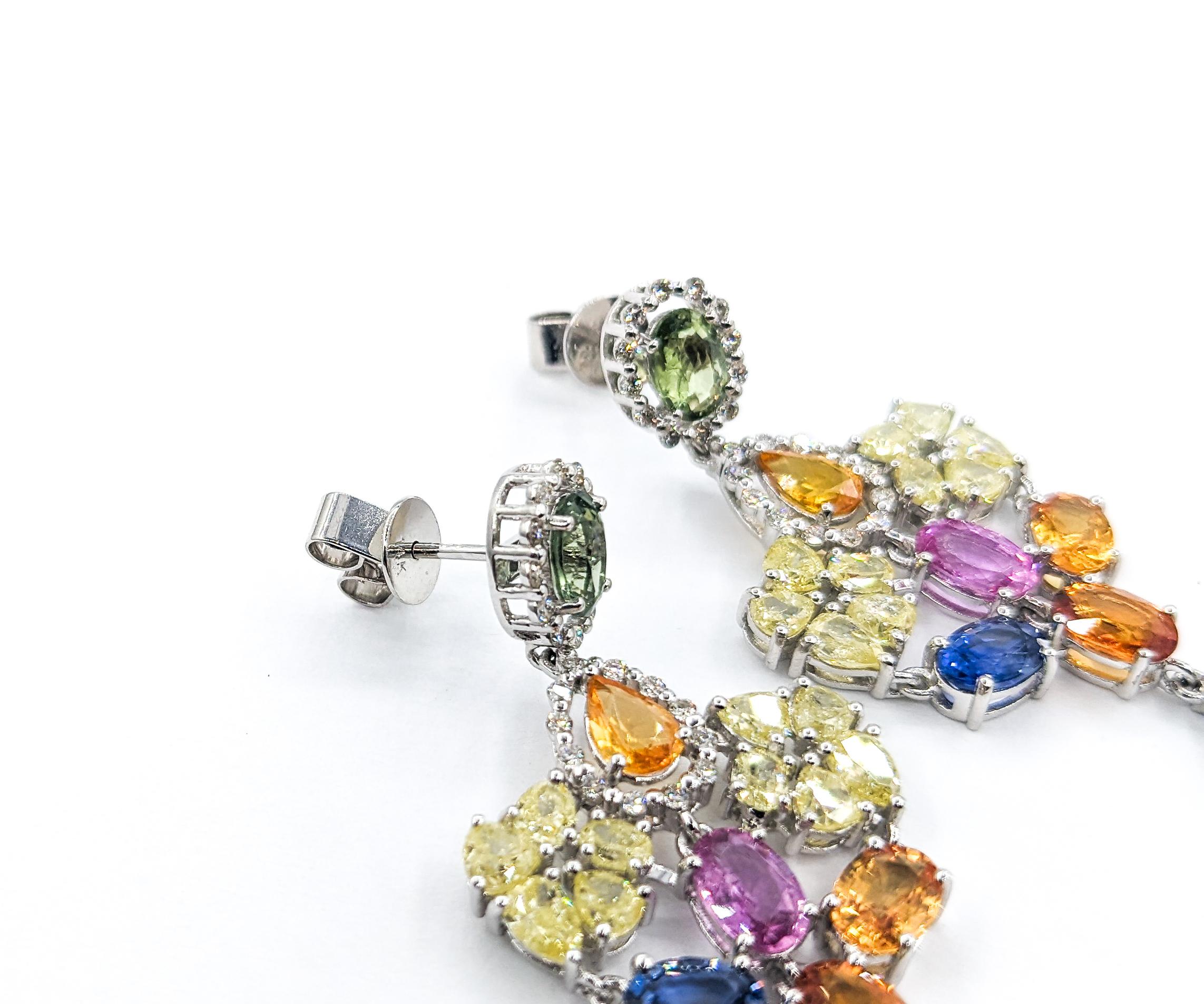 Contemporary 8.22ctw multi-color sapphires 3.44ctw Diamonds Dangle Esarrings In White Gold For Sale