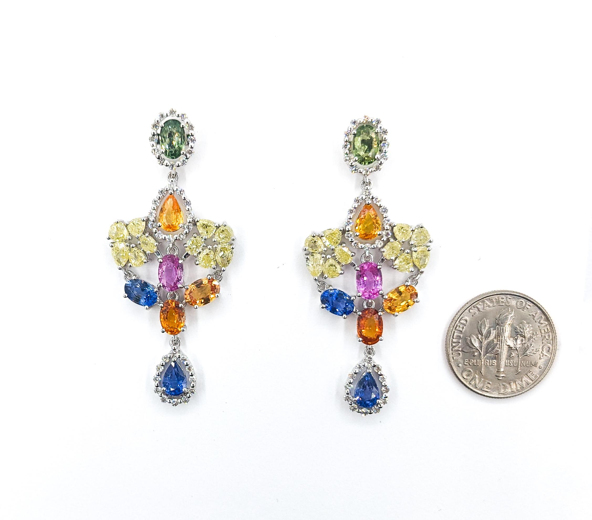 Pear Cut 8.22ctw multi-color sapphires 3.44ctw Diamonds Dangle Esarrings In White Gold For Sale