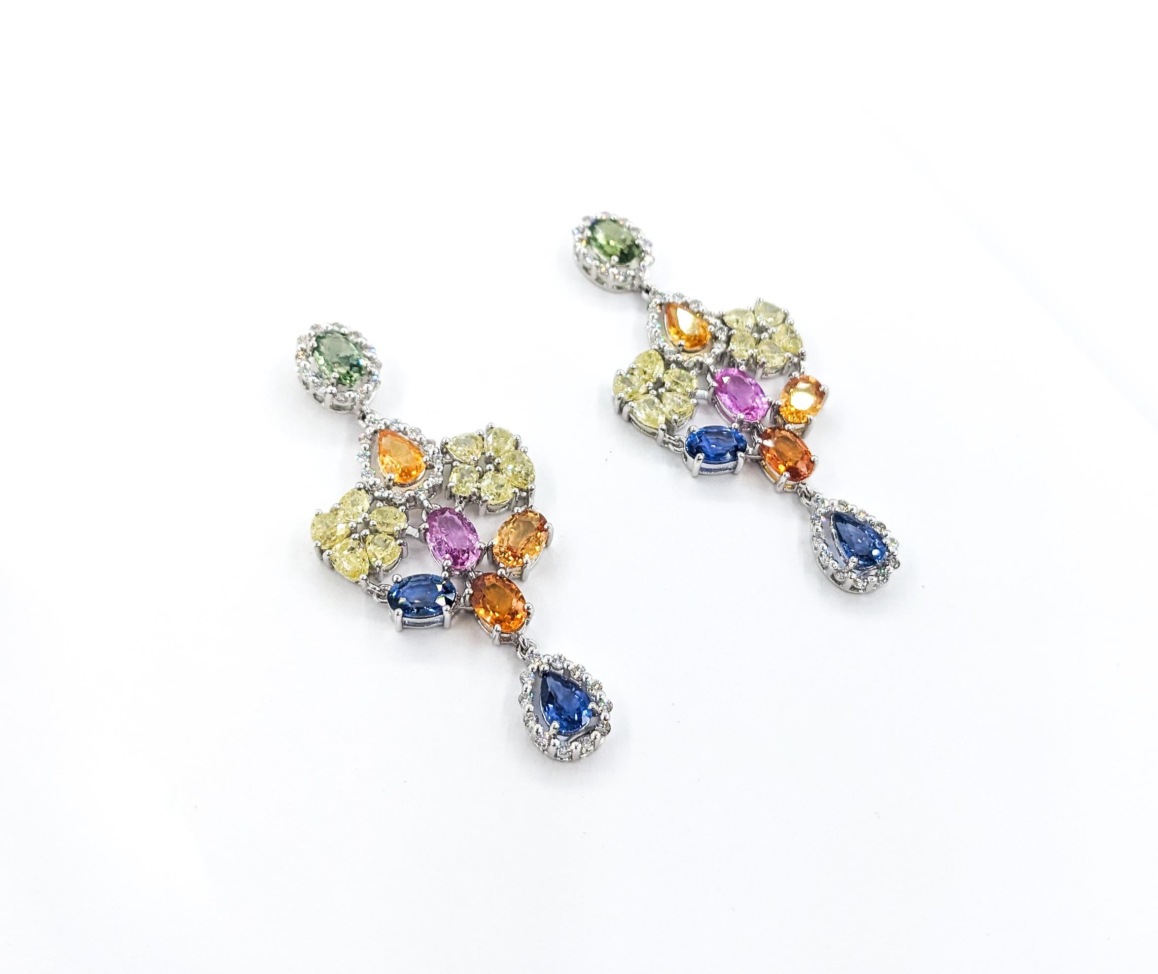 8.22ctw multi-color sapphires 3.44ctw Diamonds Dangle Esarrings In White Gold In Excellent Condition For Sale In Bloomington, MN