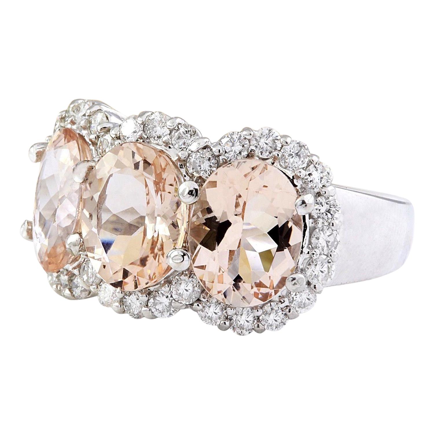 8.23 Carat Natural Morganite 14K Solid White Gold Diamond Ring
 Item Type: Ring
 Item Style: Cocktail
 Material: 14K White Gold
 Mainstone: Morganite
 Stone Color: Peach
 Stone Weight: 7.48 Carat
 Stone Shape: Oval
 Stone Quantity: 3
 Stone