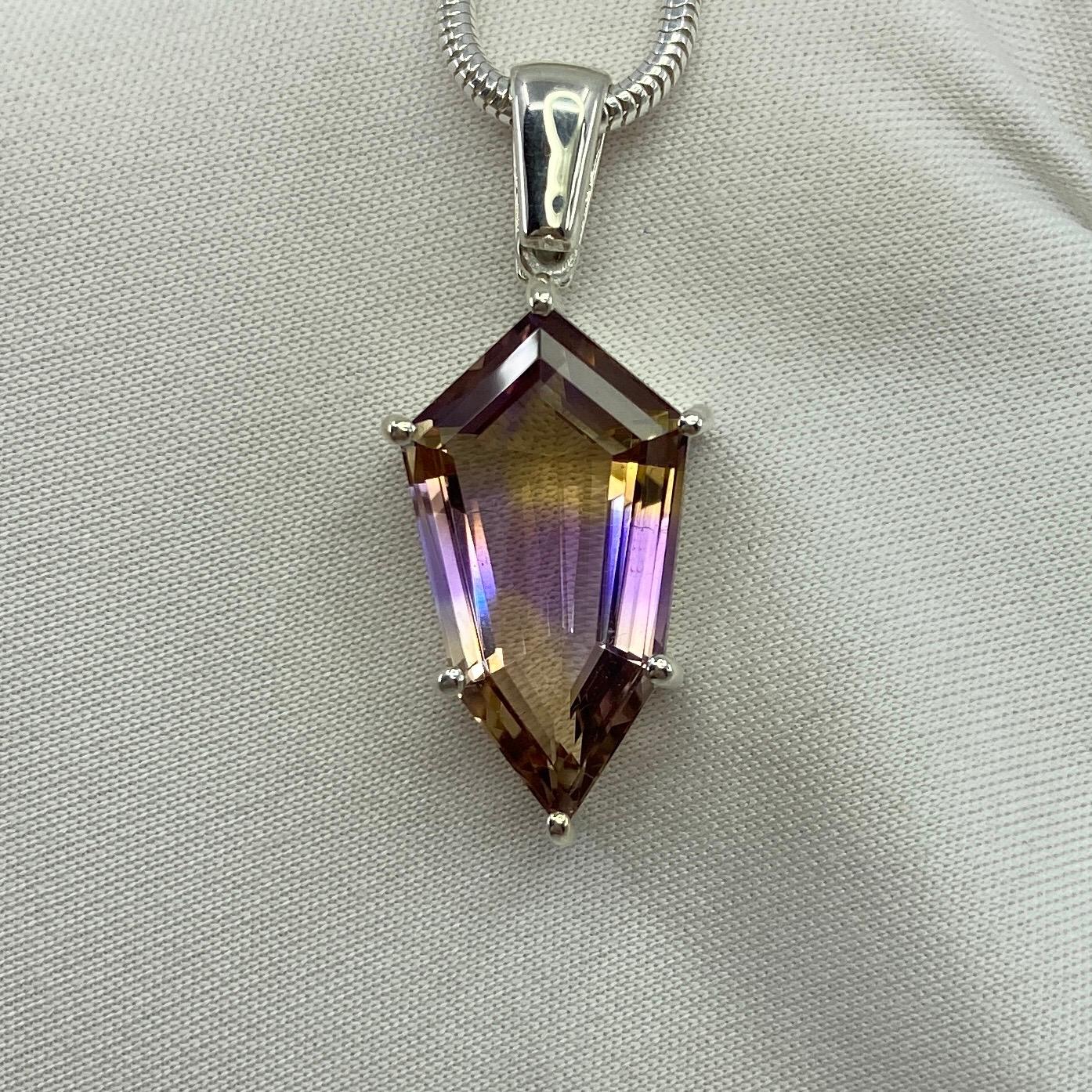 Women's or Men's 8.23 Carat Rare Natural Ametrine Fancy Shield Cut Silver Pendant Necklace