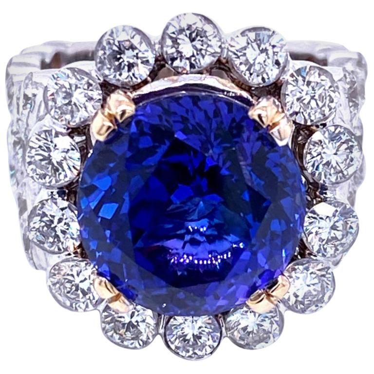 8.23 Carat Round Tanzanite Square Shank 5.02 Carat Diamond Engagement Ring For Sale