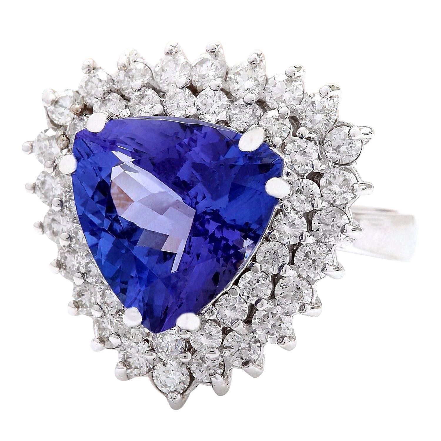 8.23 Carat  Tanzanite 18K Solid White Gold Diamond Ring
Item Type: Ring
Item Style: Cocktail
Material: 18K White Gold
Mainstone: Tanzanite
Stone Color: Blue
Stone Weight: 6.23 Carat
Stone Shape: Trillion
Stone Quantity: 1
Stone Dimensions:
