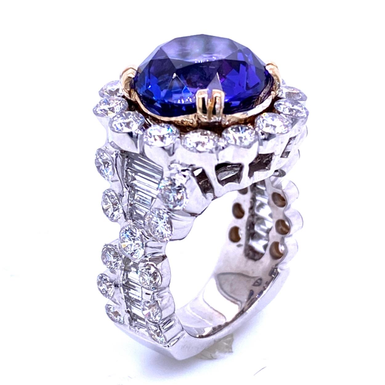 8.23 Carat Round Tanzanite Square Shank 5.02 Carat Diamond Engagement Ring In New Condition For Sale In Los Angeles, CA