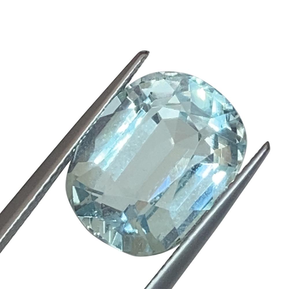 Description:

Gem Type: Aquamarine 
Number of Stones: 1
Weight: 8.23 cts
Measurements: 14.05 x 11.09 x 8.22 mm
Shape: Oval
Cutting Style Crown: Brilliant Cut
Cutting Style Pavilion: Step Cut 
Transparency: None
Clarity: Very Slightly Included: Eye