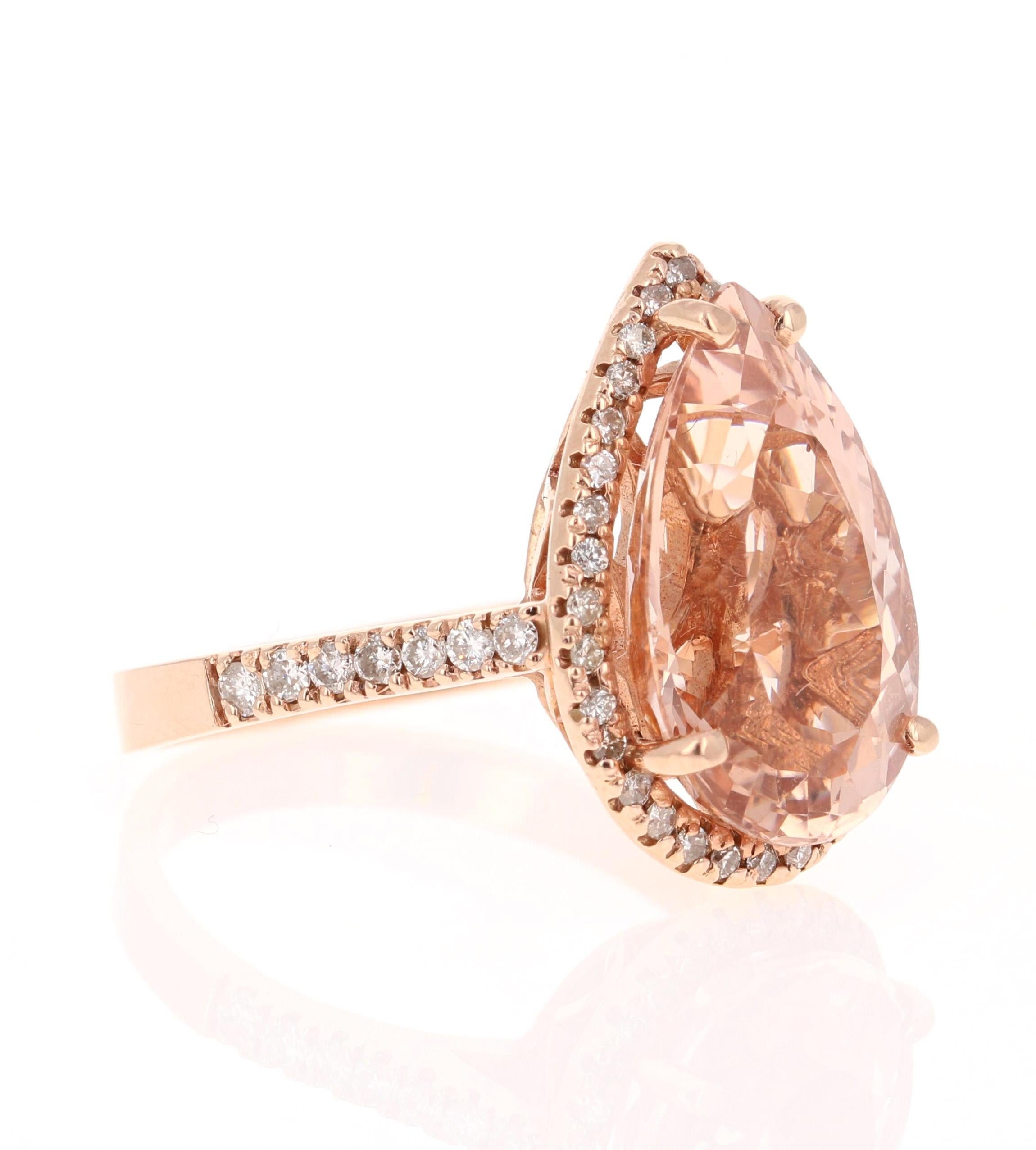 Gorgeous and Unique Morganite Diamond Ring! 

This Morganite ring has a stunning 7.78 Carat Pear Cut Morganite and is surrounded by a halo of 46 Round Cut Diamonds that weigh 0.46 Carats.  The diamonds have a clarity and color of VS-H. The total