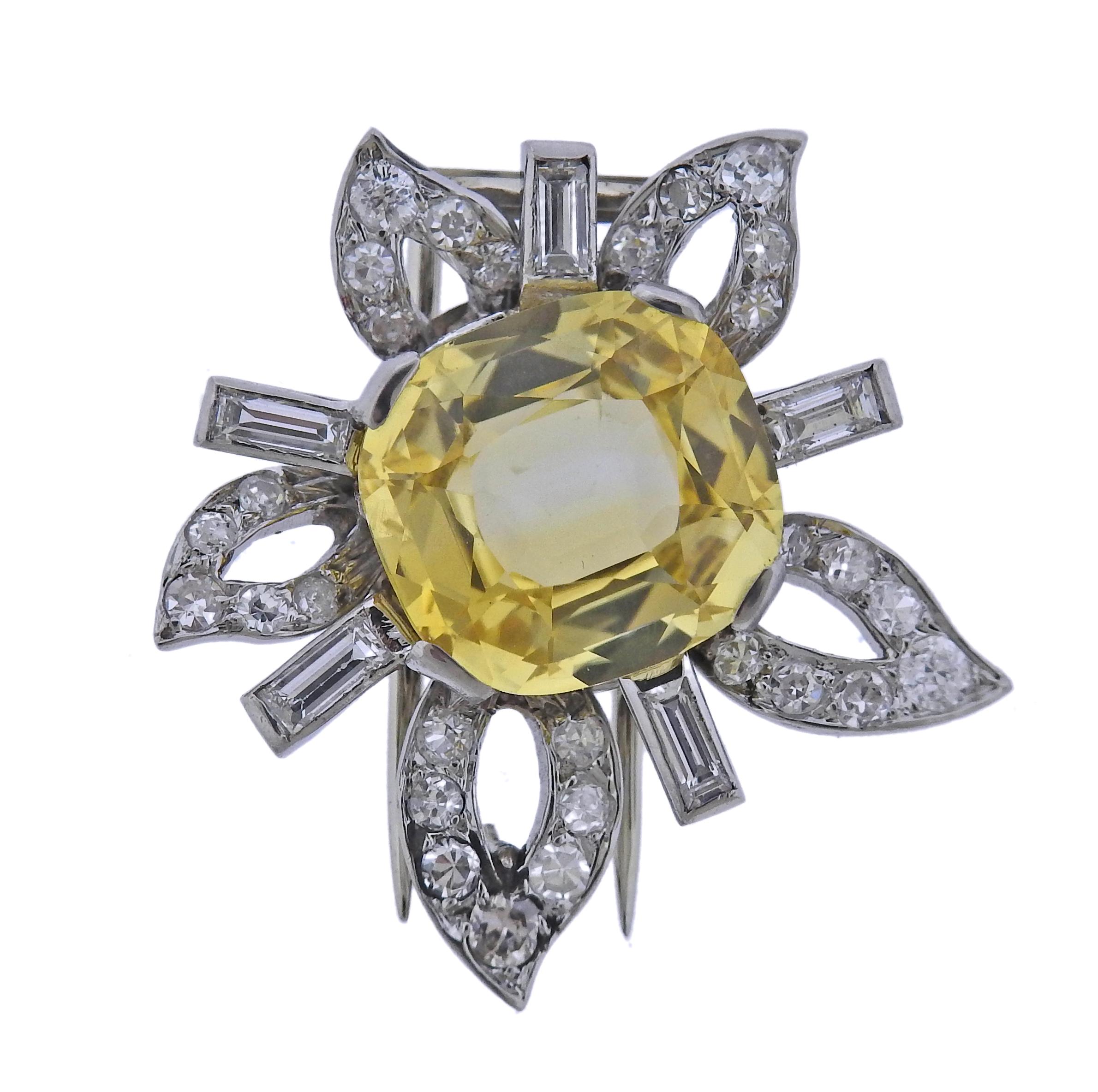8.24 Carat Yellow Sapphire Platinum Diamond Brooch In Excellent Condition In New York, NY