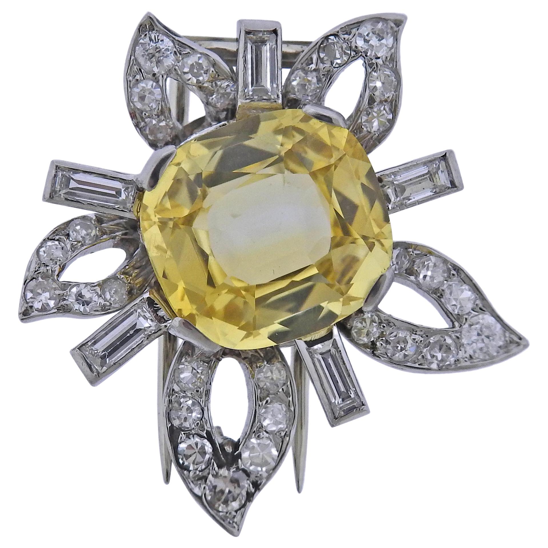 8.24 Carat Yellow Sapphire Platinum Diamond Brooch